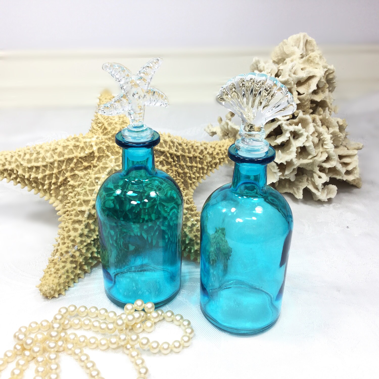 Pair Blue Glass Seashell Vanity Bottles, Blue Glass Bottle W/ Seashell