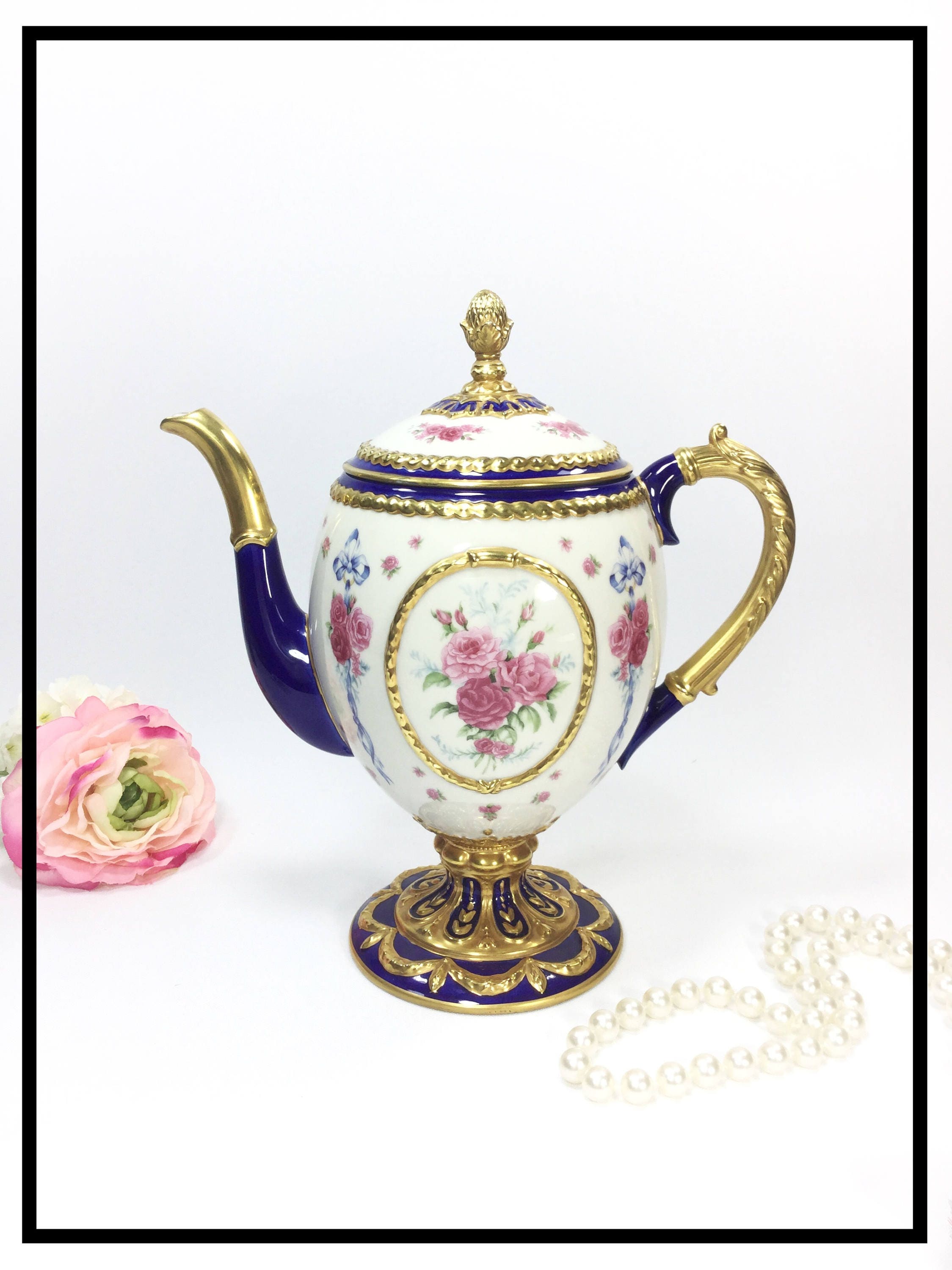 Vintage Faberge Imperial Teapot, Franklin Mint 24K Gold Accent