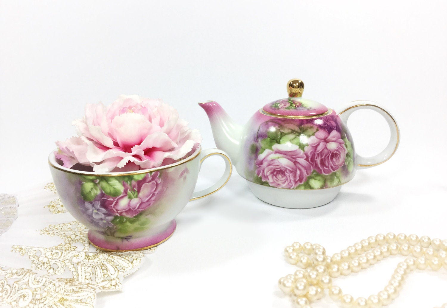 Victorian Inspired Pink Floral Porcelain Tea For One, Single Tea Set