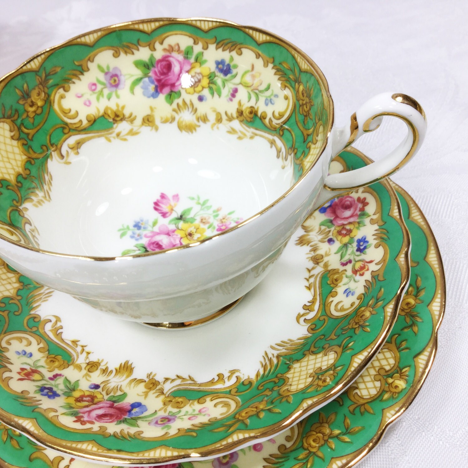 Stunning Green Floral Paragon Fine Bone China English Tea Cup, Saucer