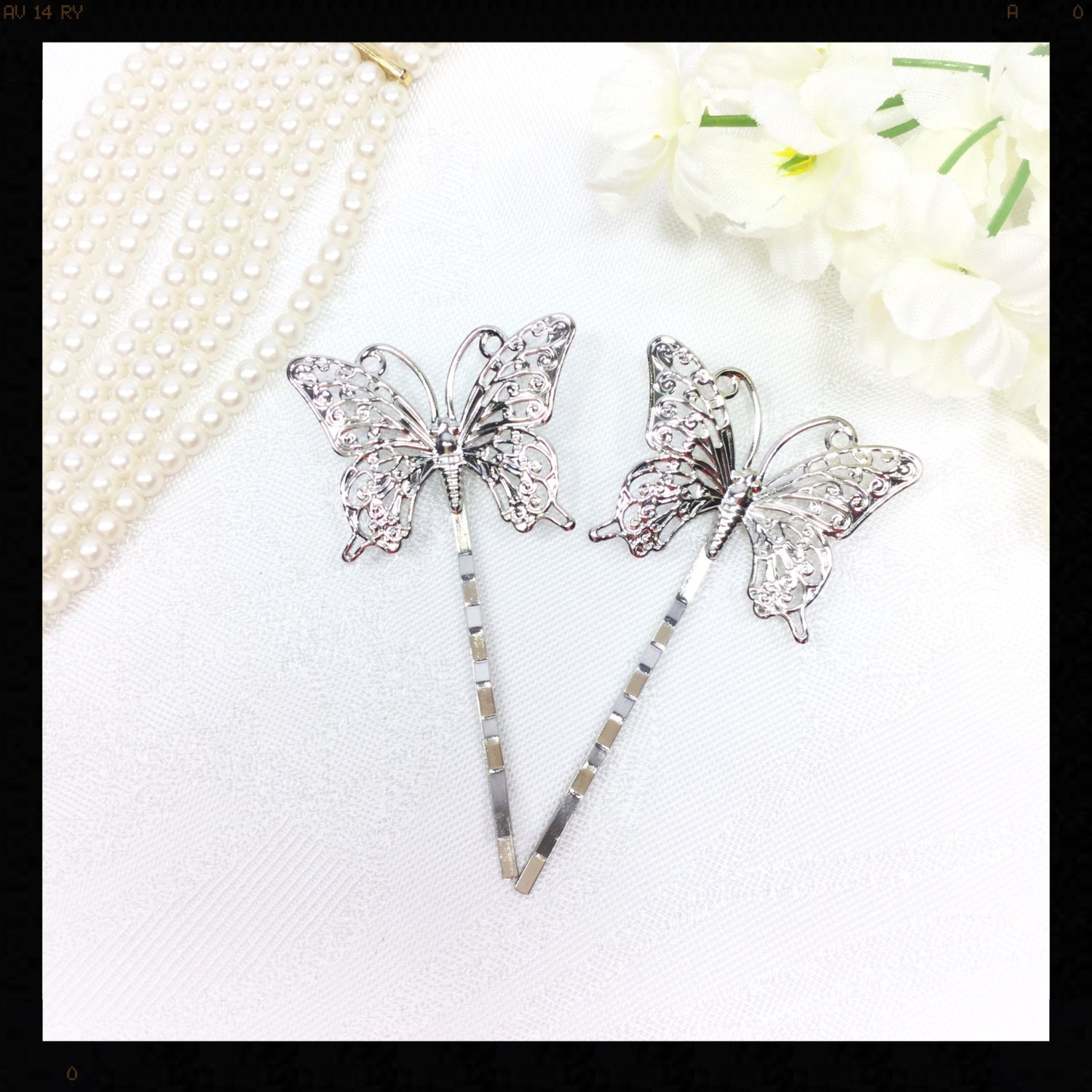5 Pc. Silver Butterfly Hair Clips, Bobby Pins, Barrette, Vintage
