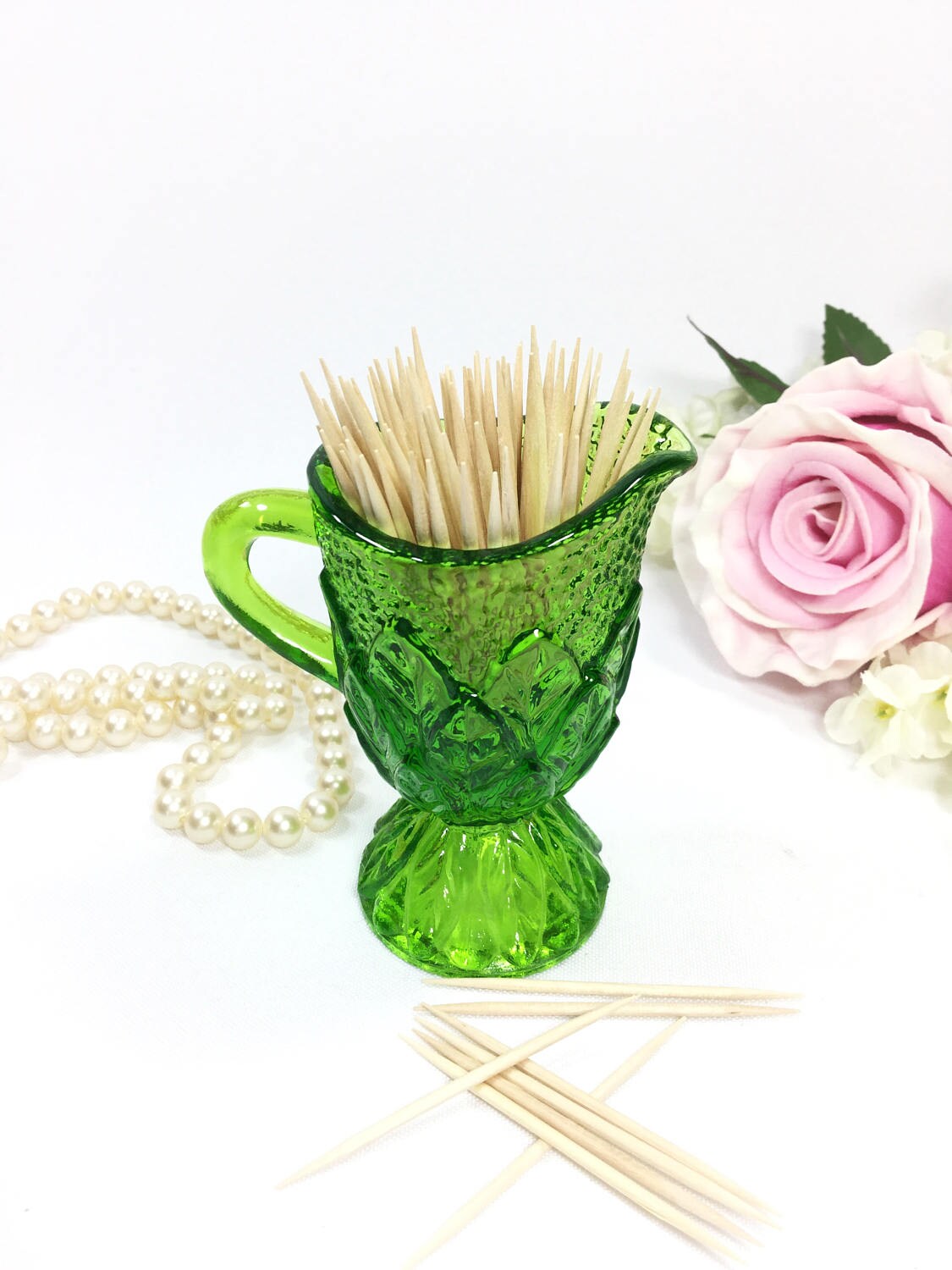 Vintage Green Glass Toothpick Holder, Green Glass Bud Vase, Green Leaf