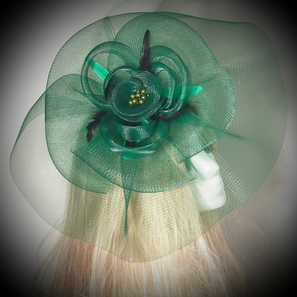 Large Elegant Ladies Feather Green & Black Fascinator Hair Clip Hat