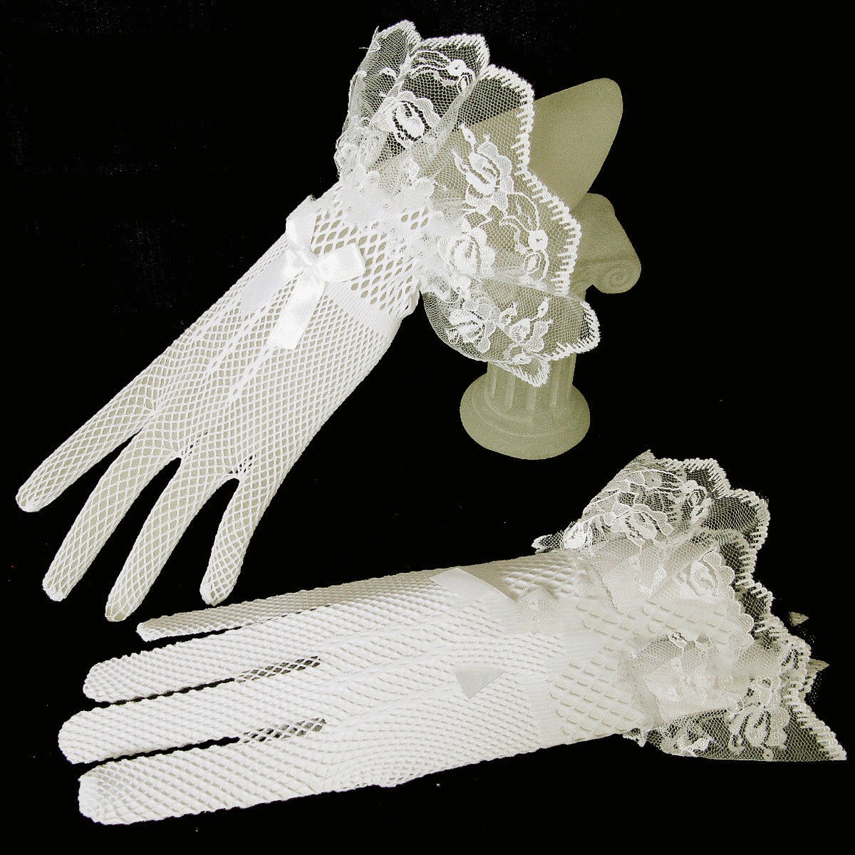 White Lace Ladies Above Wrist Length Gloves W/ Lace Ruffle Perfect for