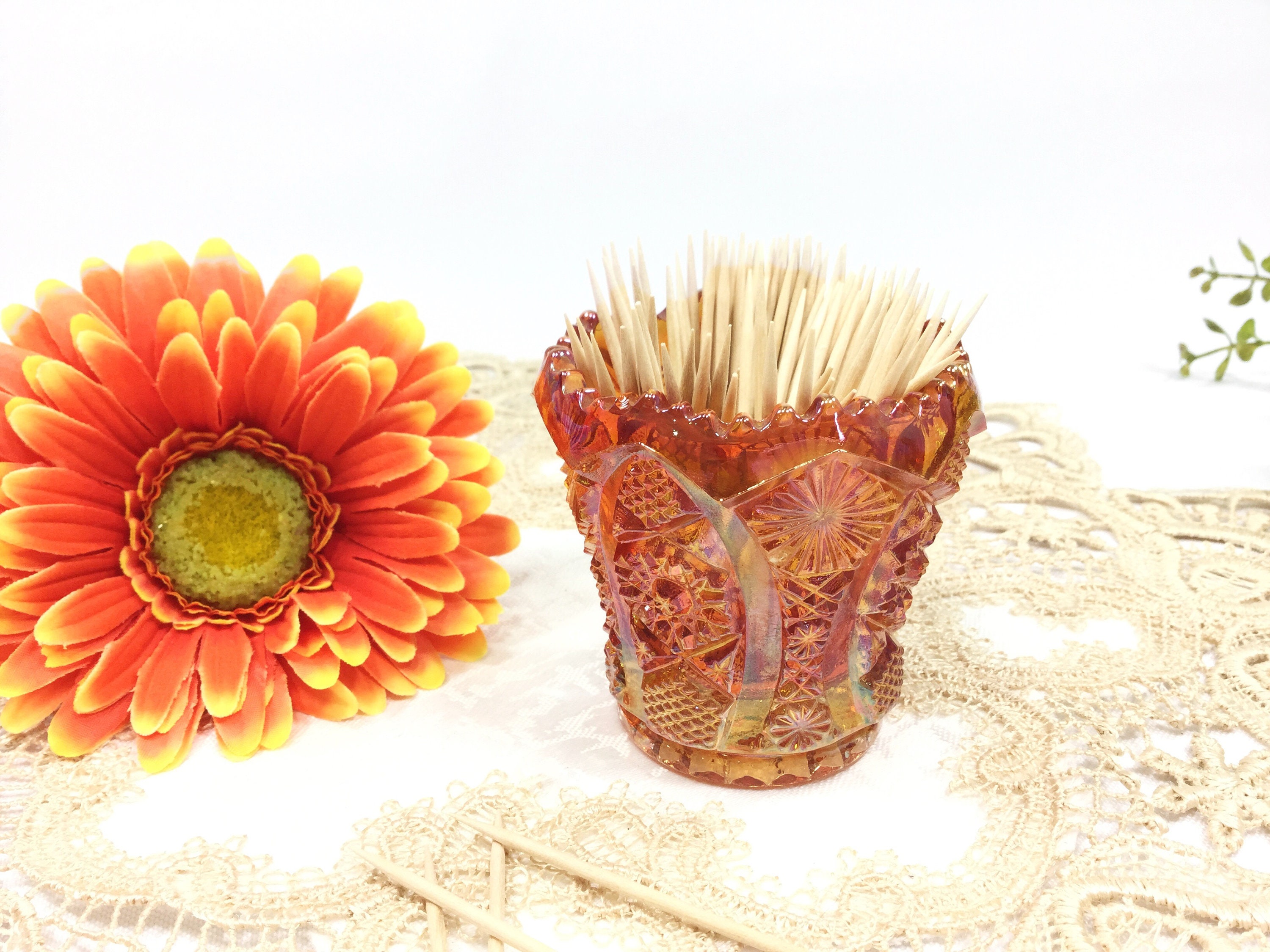 Orange Carnival Glass Toothpick Holder, Orange Glass Bud Vase, Orange