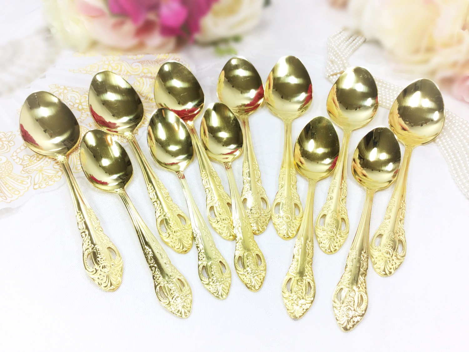 Set of 12 24K Gold Plated Spoons, 5 Gold Teaspoons, 7 Table Spoons