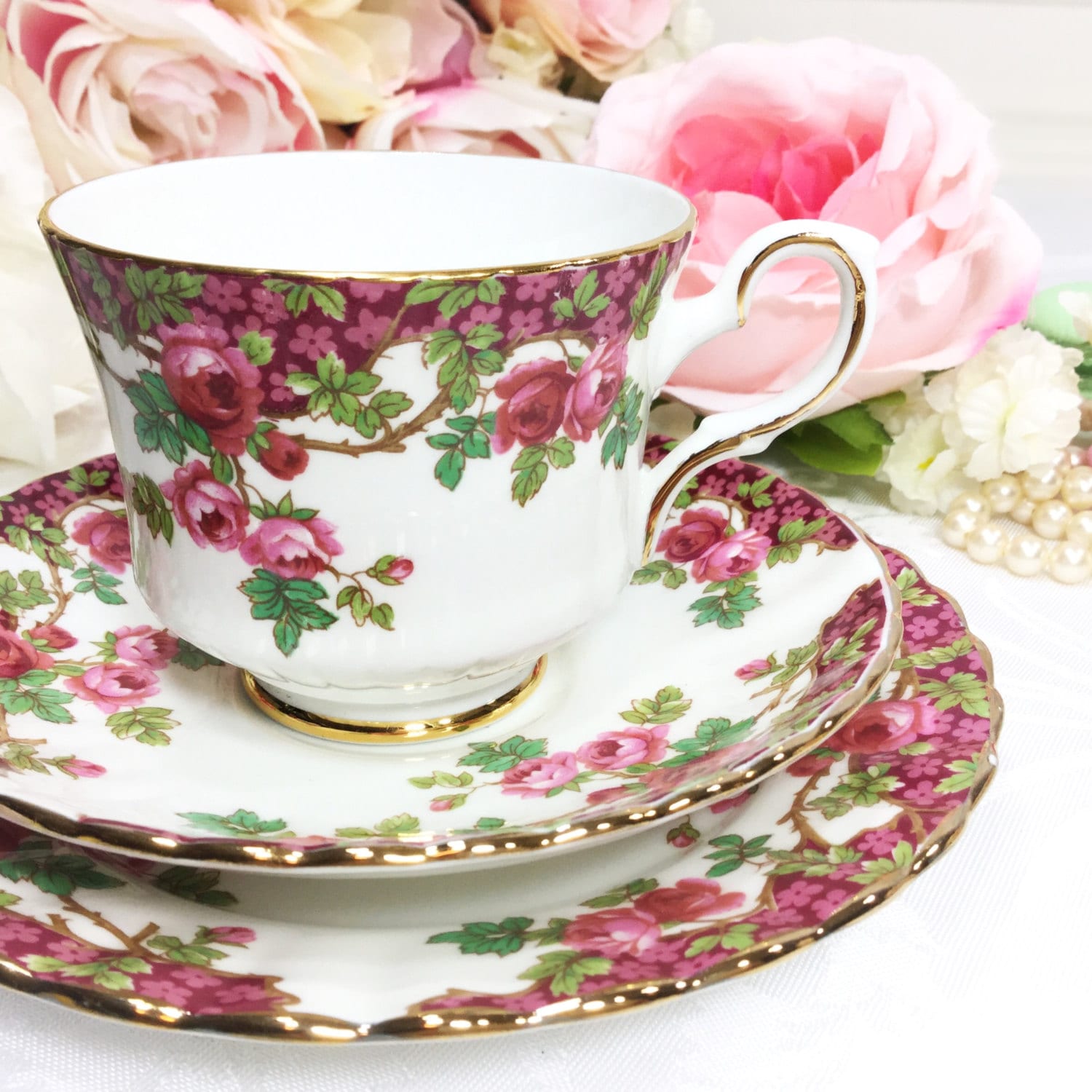 Royal Stafford Olde English Garden English Tea Trio, Pink Floral Bone