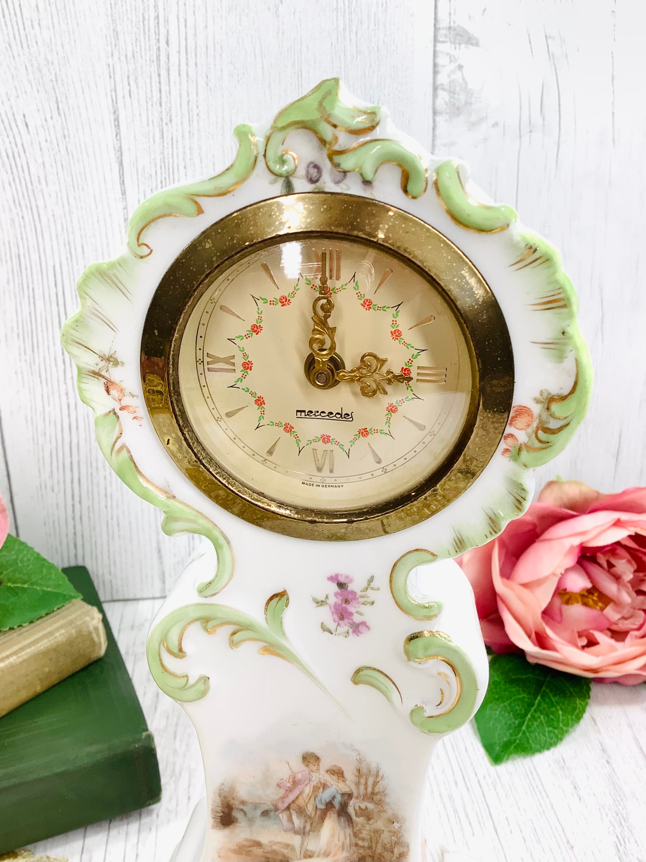 Porcelain Mercedes Movement Mantle Wind Up Clock West Germany, Mercedes