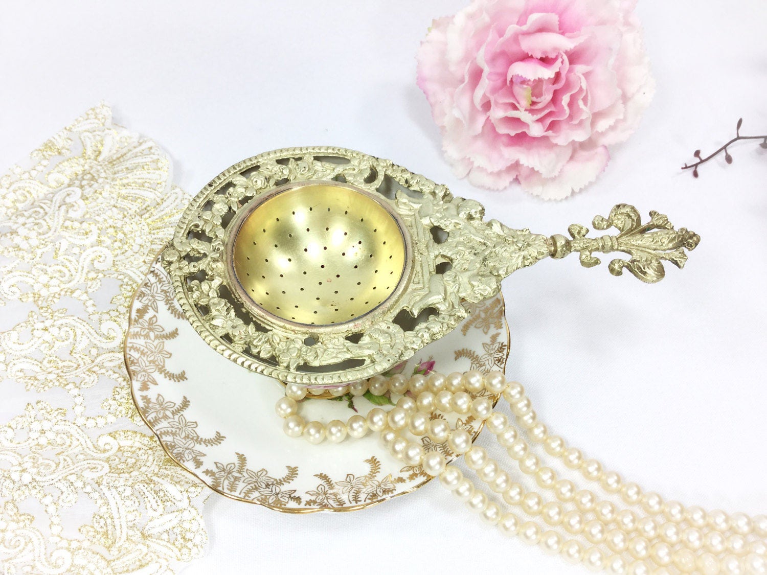 Antique Ornate Italian Brass Cherub Tea Strainer, Baroque Tea Strainer