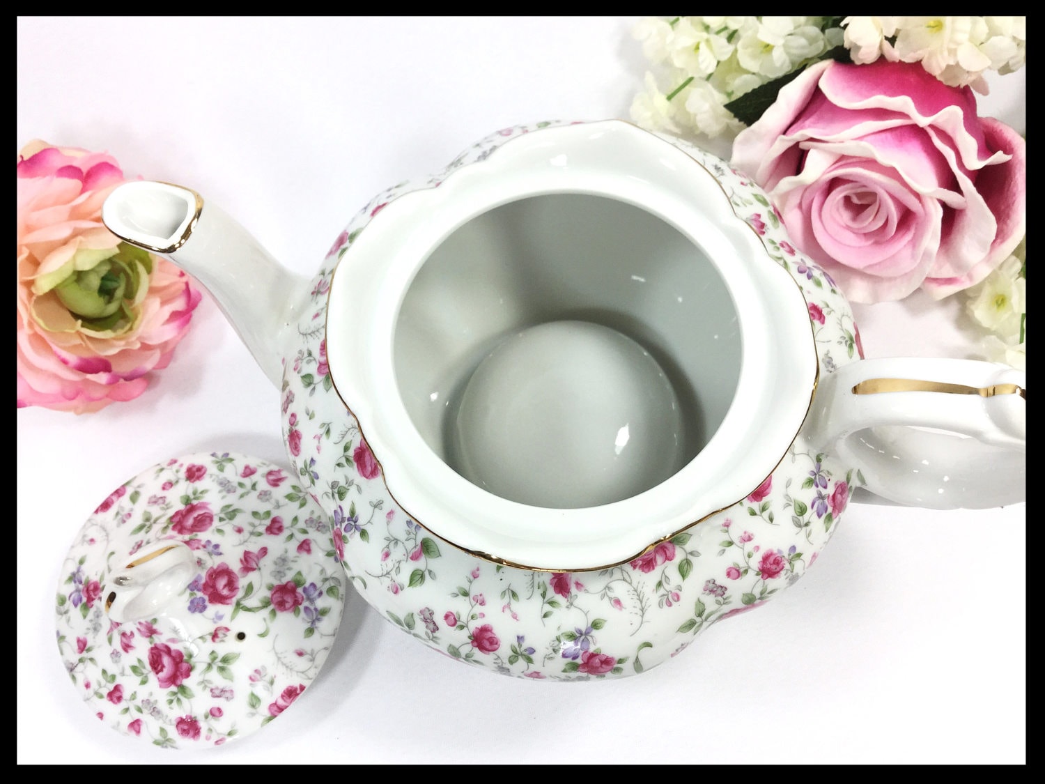 Lefton Rose Chintz Musical Teapot, Lefton Chintz Teapot Perfect for Tea