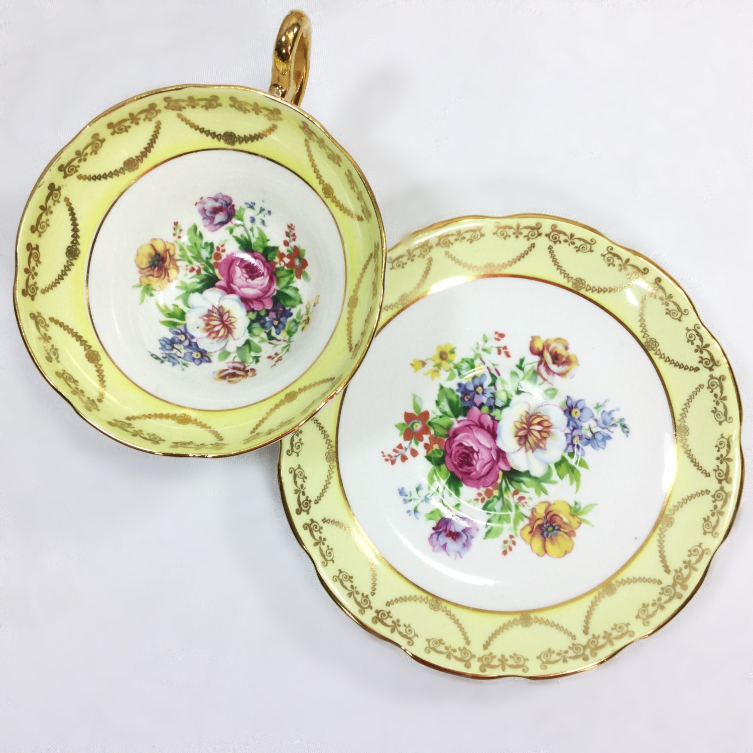 Regency Yellow Tea Cup & Saucer, English Fine Bone China Tea Set, for Wedding, Shower, Tea Time