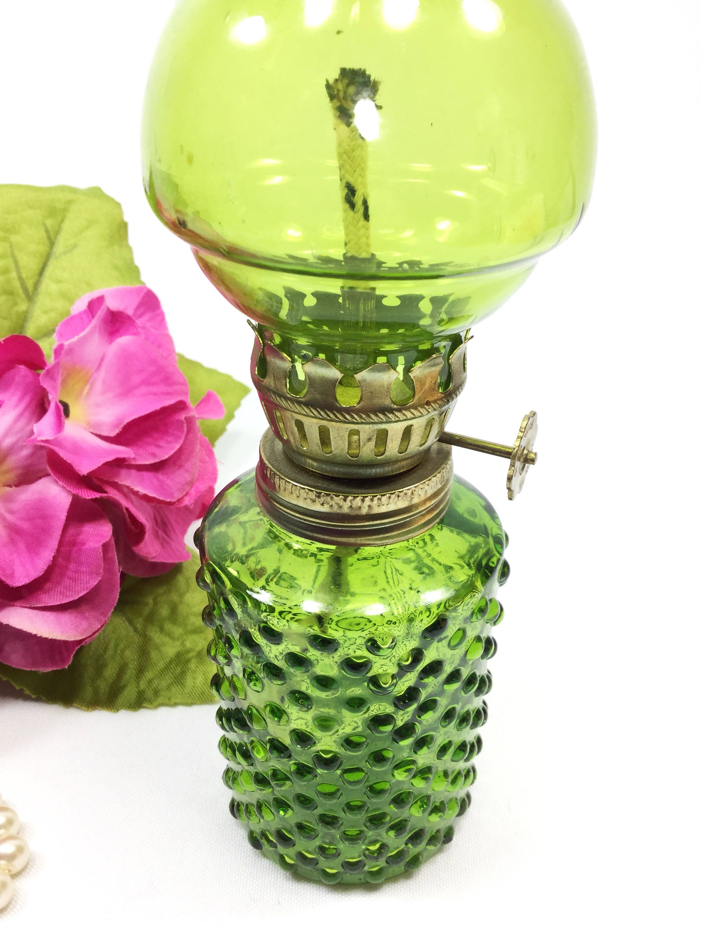 Green Hobnail Mini Oil Lamp, Green Glass Oil Lamp, Shabby Chic Cottage