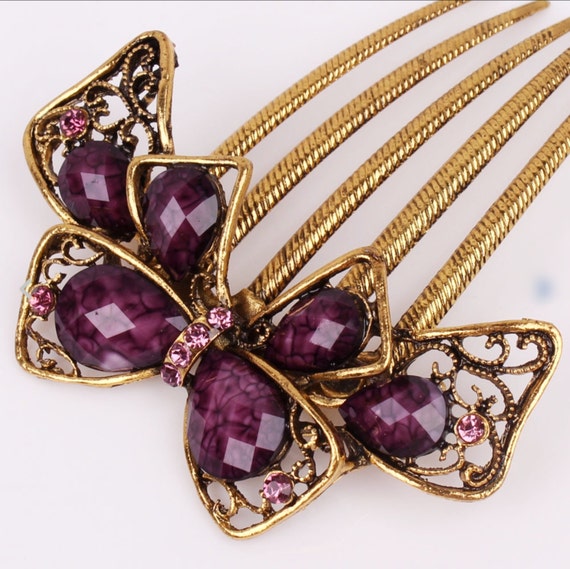 Austrian Crystal Purple & Gold Bow Colored Hair C… - image 4