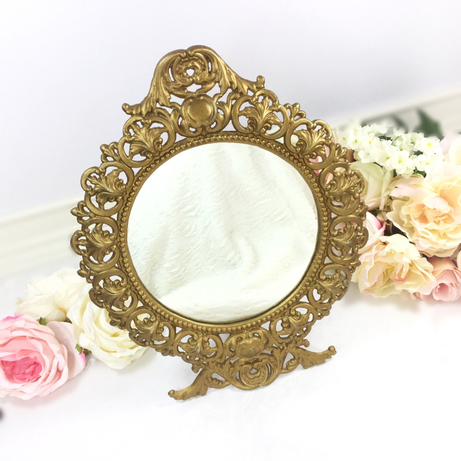 French Vintage Rocco Stlye Art Nouveau Gold Shabby Chic Table Top French Vintage Rocco Stlye Art Nouveau Gold Shabby Chic Table Top Mirror Cottage Country Style Hollywood Regency A259