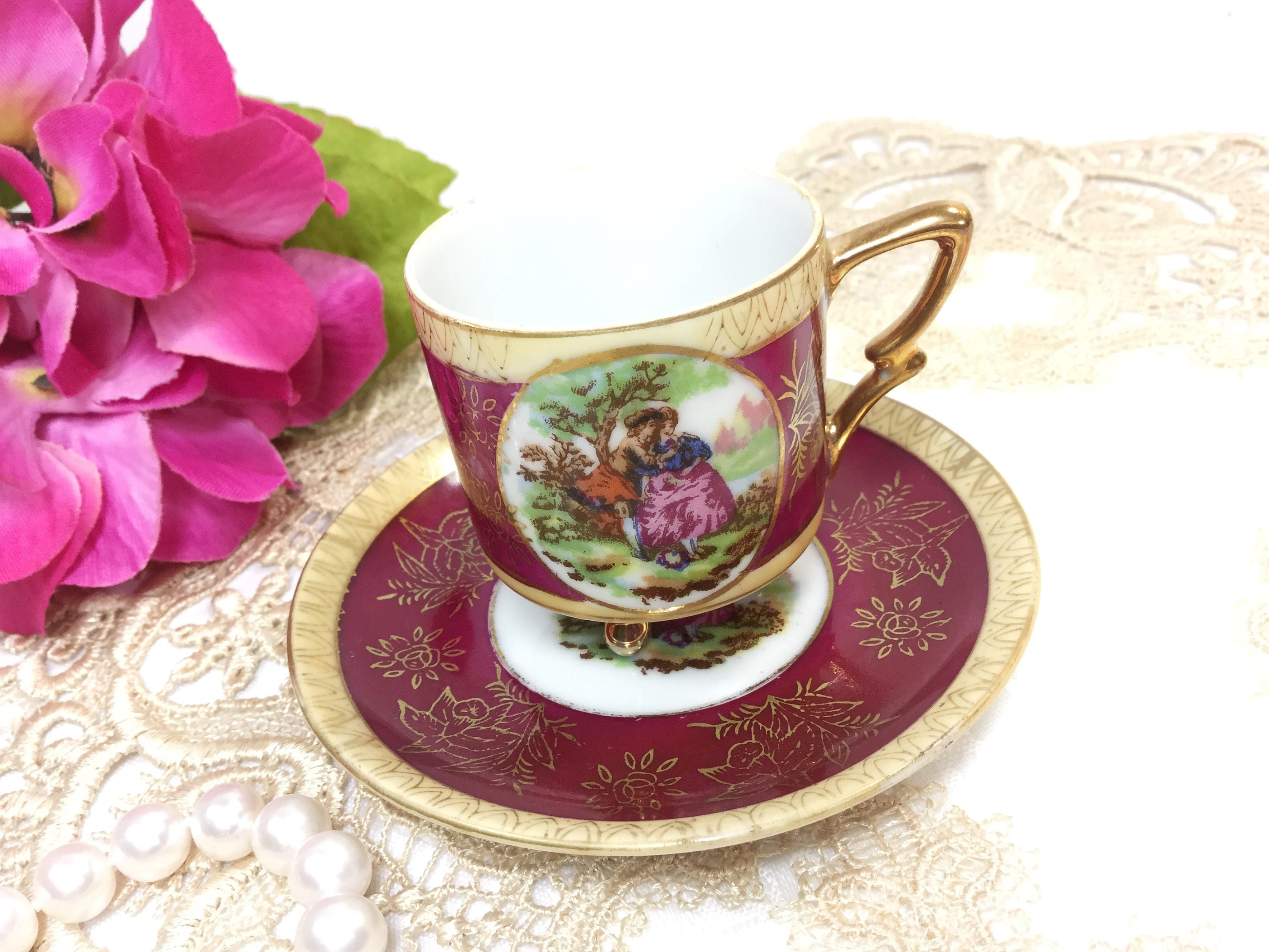 Beautiful Courting Couple Footed Cup & Saucer, Love Story Tea Set