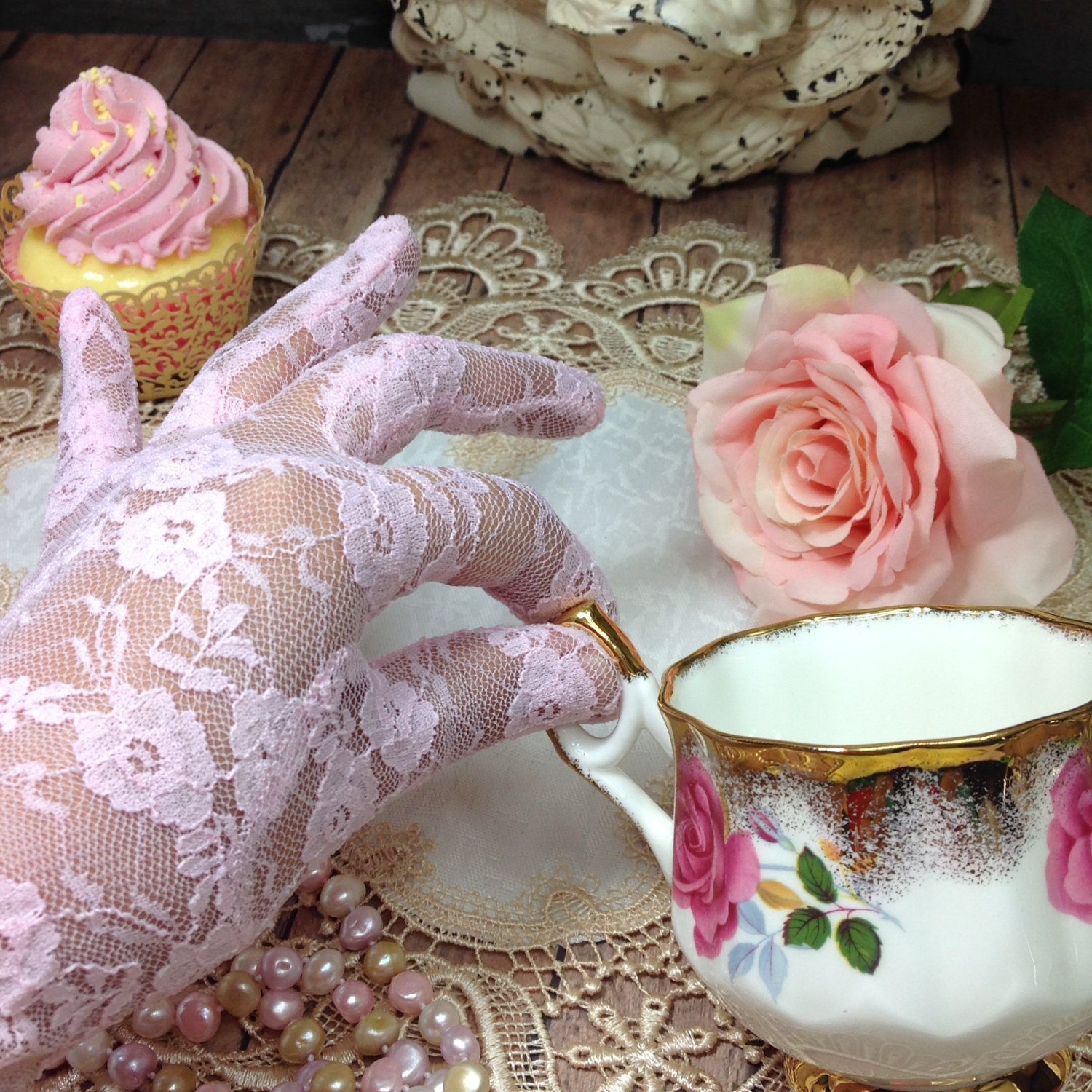 Enchanting Pink Lace Ladies Wrist Length Gloves Perfect for Wedding, Tea Party, Showers, Gift
