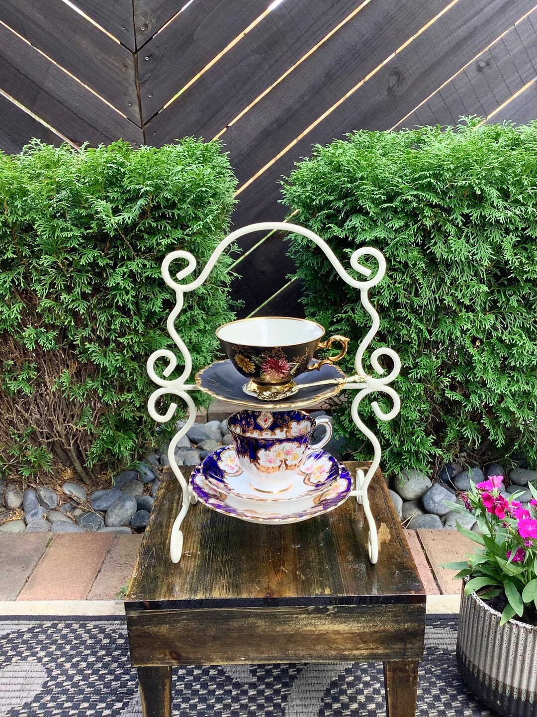 White 2 Tier Metal Tea Cup Display Stand, Teacup Display Stand, Tea
