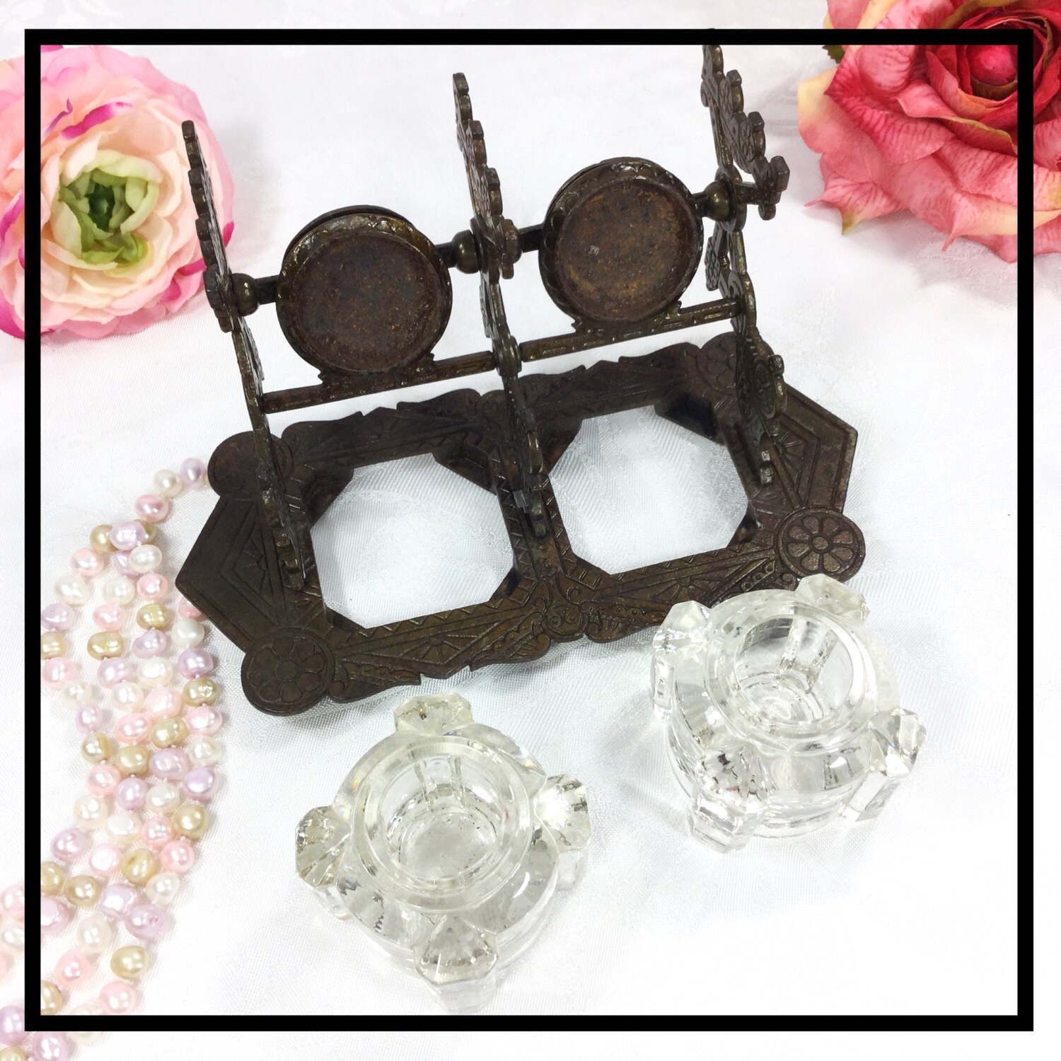 Antique Judd Cast Iron Double Inkwell Set, 1879 Judd Cast Iron Double