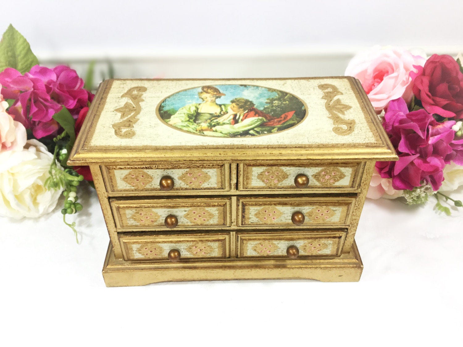 Large Florentine Portrait Jewelry Box, Victorian Style Jewelry Box