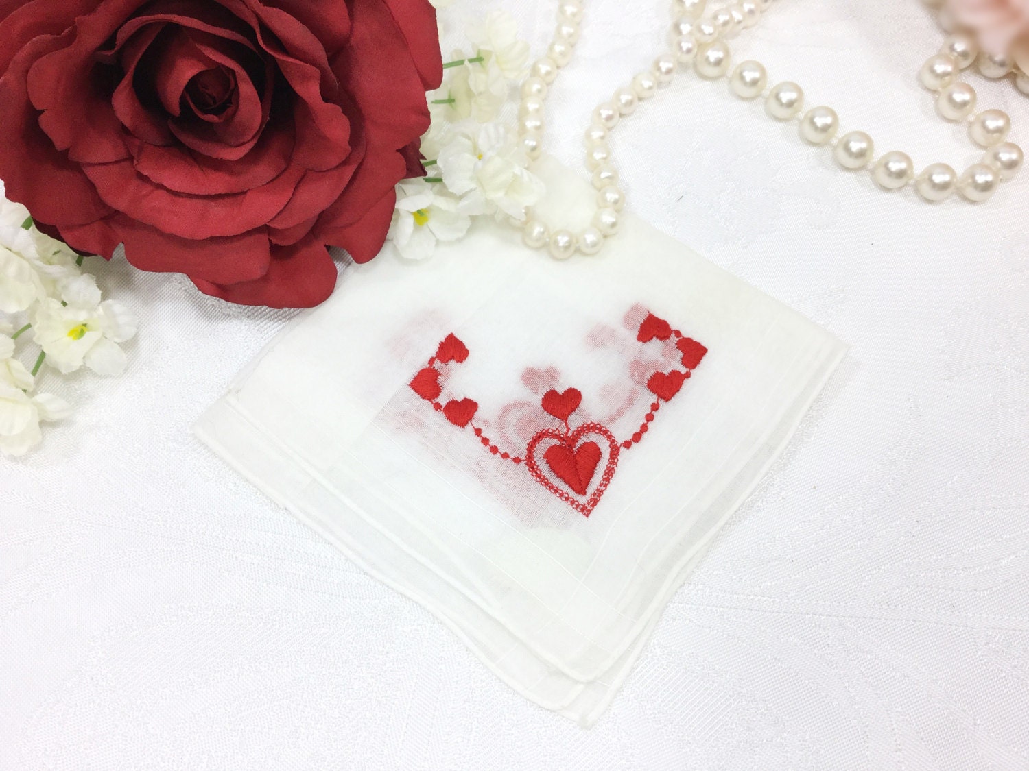 Valentine Hearts Embroidered Ladies Cotton Handkerchief, Victorian Boudoir, Hanky, Shabby Chic
