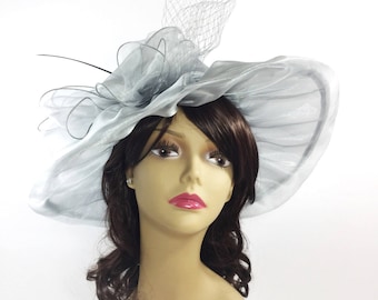 Sheer Grey Organza Tea Party Hat, Feathers, Veil, Faux Pearl Accent, Wedding Accessory