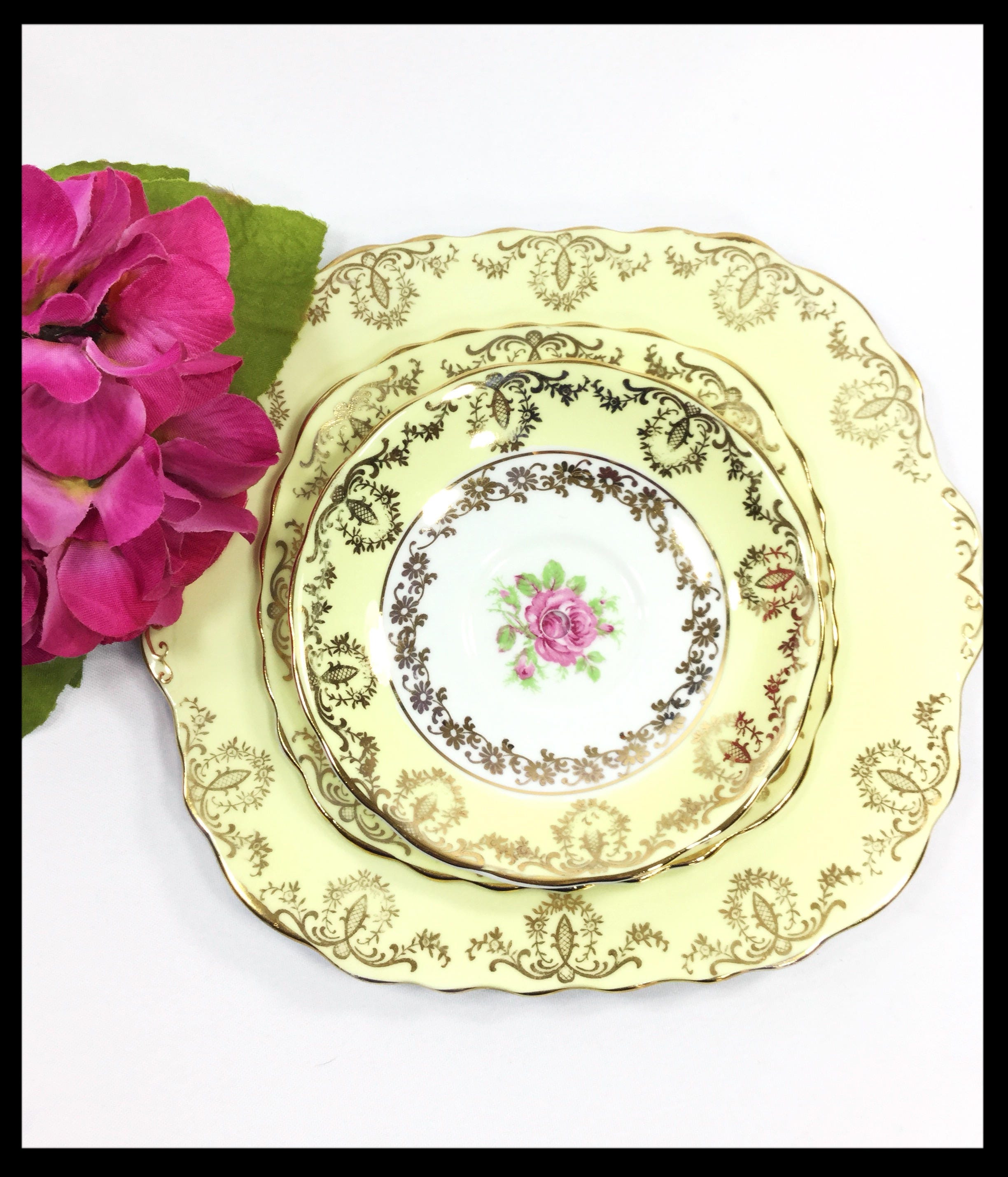 3 Tier Yellow & Gold Filigree English Tea Serving Tray ...