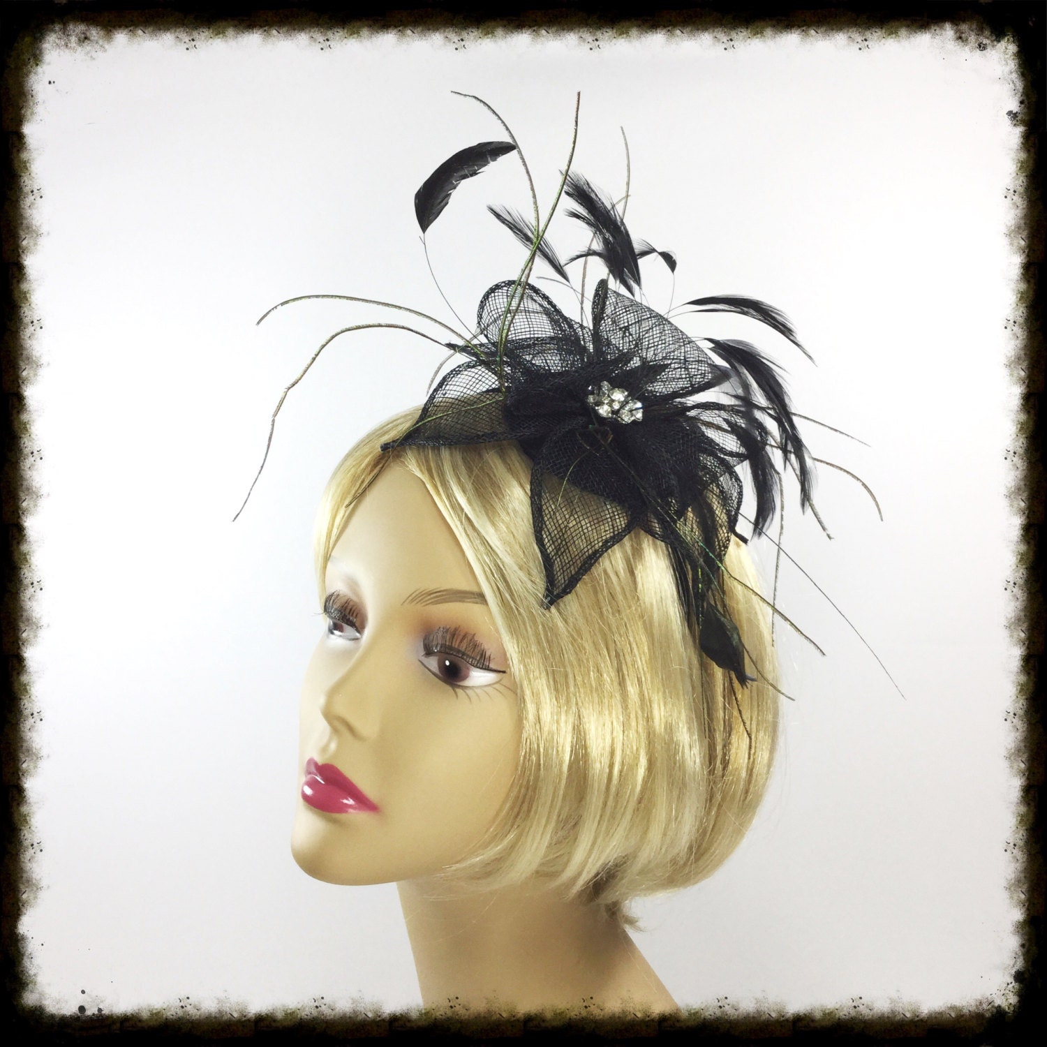 Black Feather Sinamay, Black Feather Cocktail Hat, Black Feather
