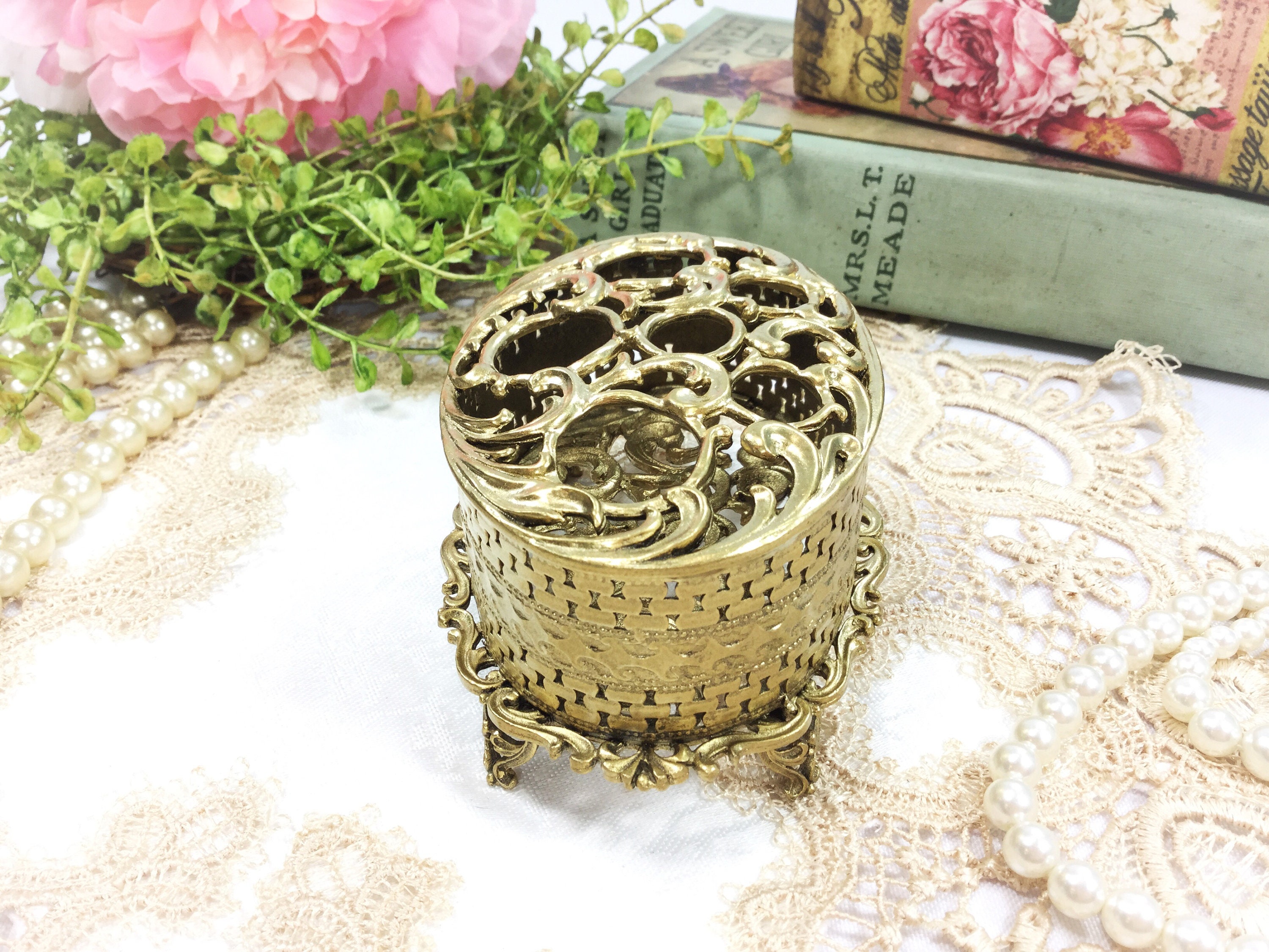 Gold Ormolu Lipstick Holder, Gold Ormolu Lipstick Organizer, Gold Brush