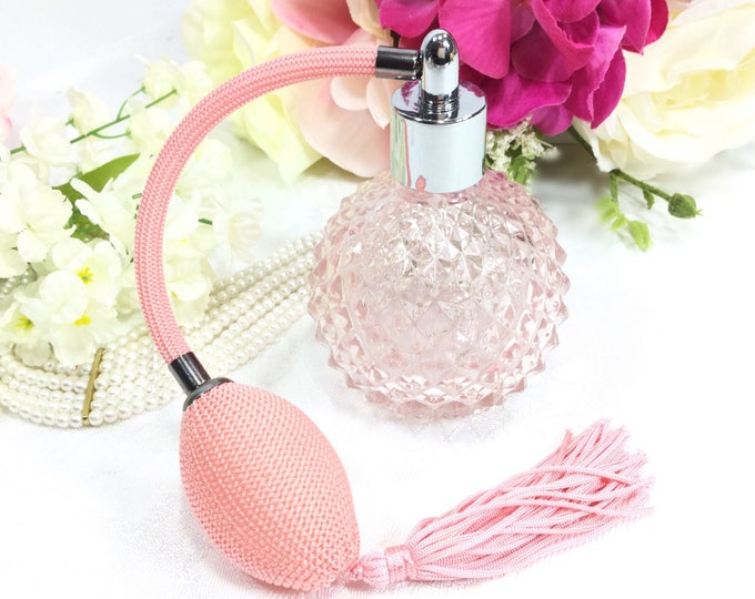 Pink Glass Cut Perfume Atomizer, Pink Perfume Spray Bottle for Vanity Decor or Boudoir Decor, Hollywood Regency #A396