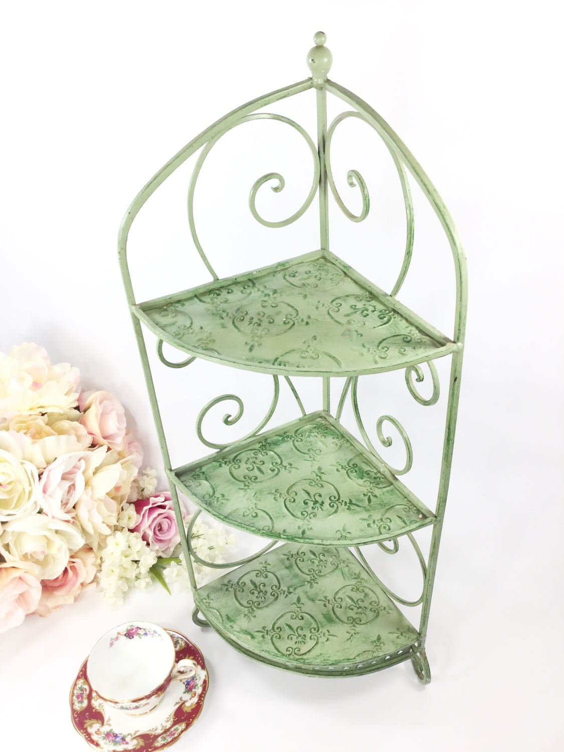 Vintage 3 Tier Green Metal Tea Cup Display Stand, Teacup Holder, Teacup