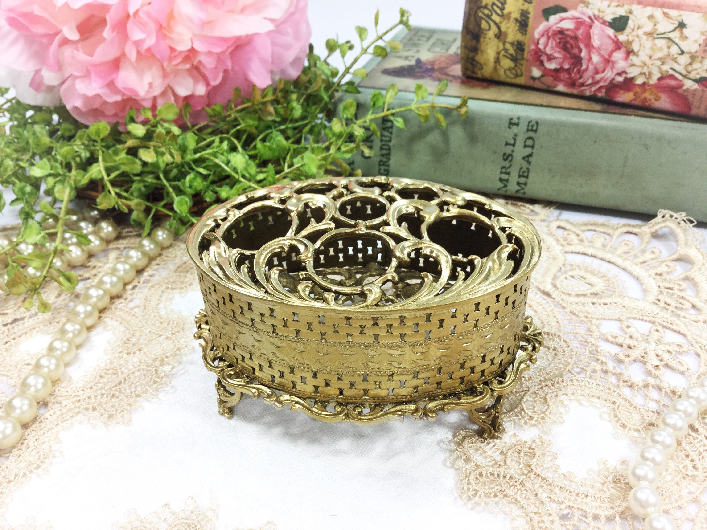 Gold Ormolu Lipstick Holder, Gold Ormolu Lipstick Organizer, Gold Brush