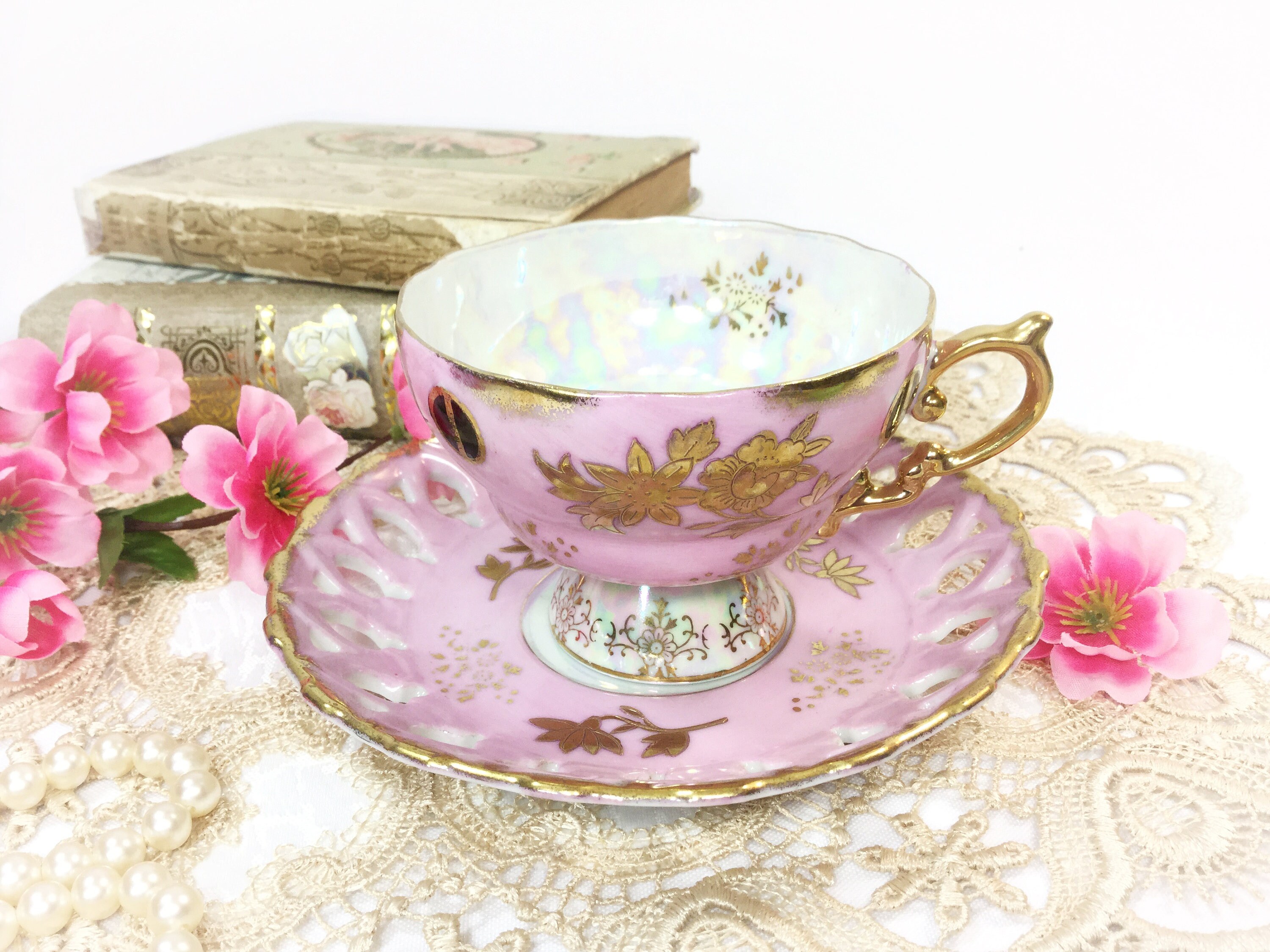 Pink Lusterware Footed Cup & Reticulated Saucer, Pink Tea Set for