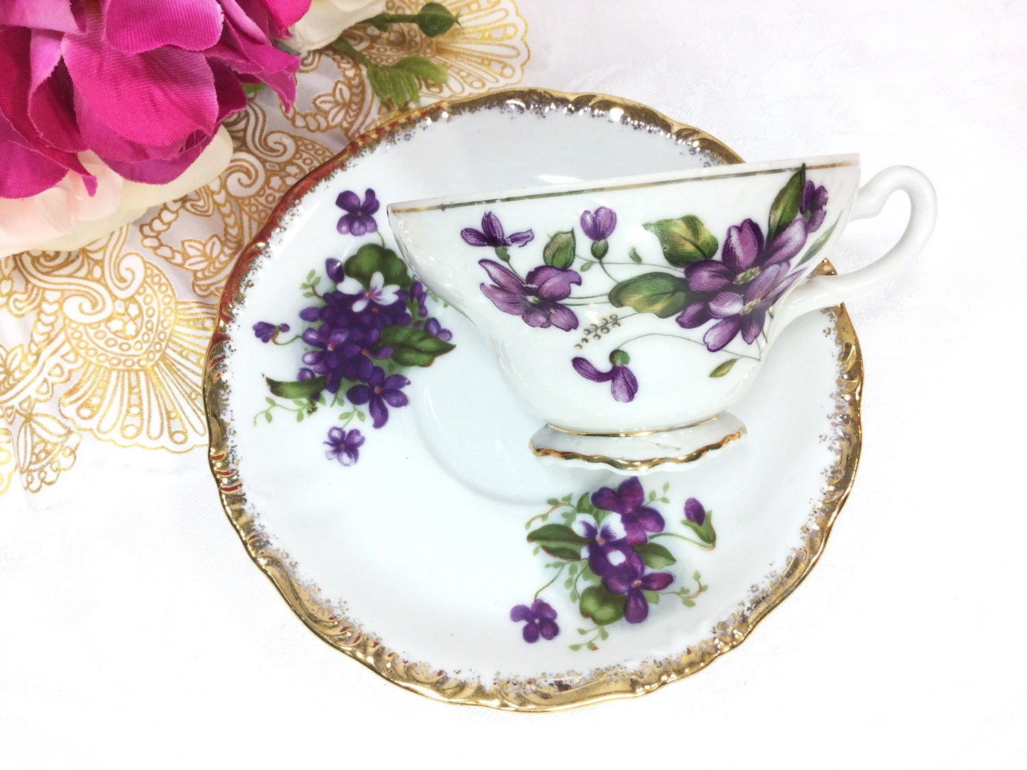 Purple Lilac Porcelain Tea Cup & Saucer Tea Set, Purple Violet Sprays