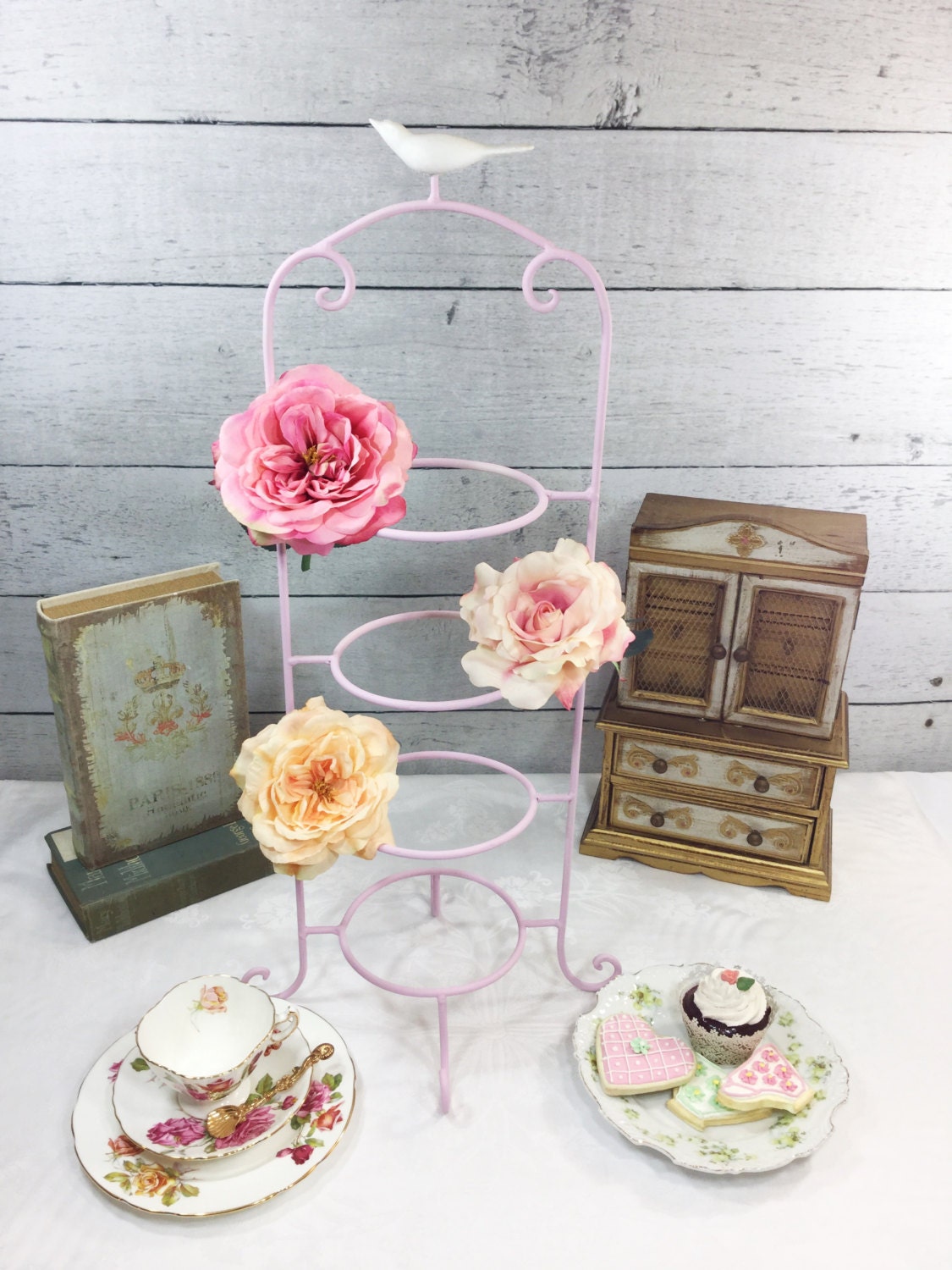 SALE Bird Pink Large 4 Tier Metal Tea Cup Display Stand, Teacup Holder, Teacup Rack For Tea