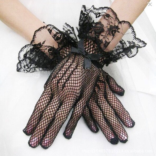 Ladies Black Fishnet Lace Above Wrist Length Gloves W/ Lace Ruffle ...