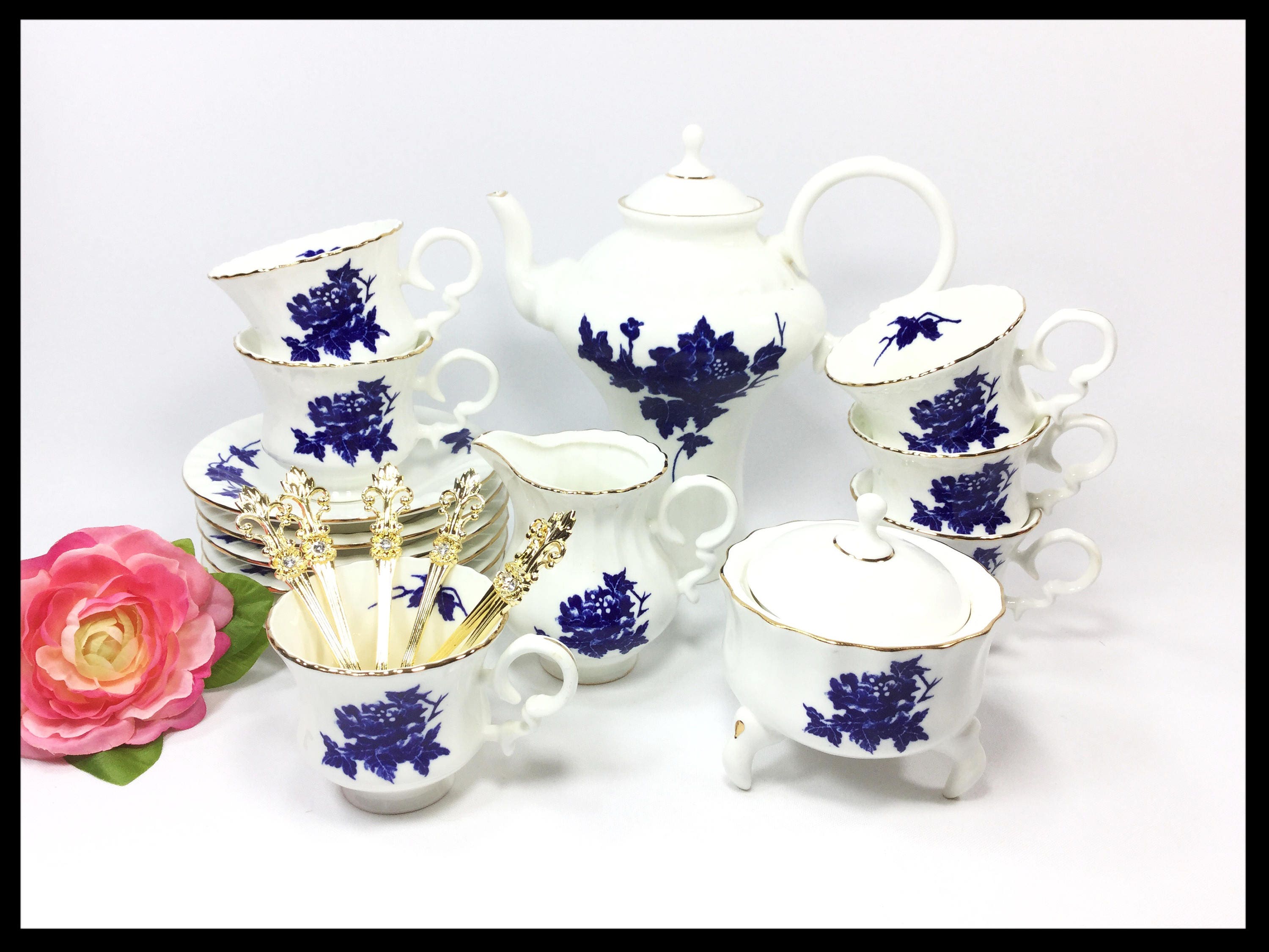 21 Piece Romanian Complete Tea Set Teapot, Cup, Saucer, Spoon