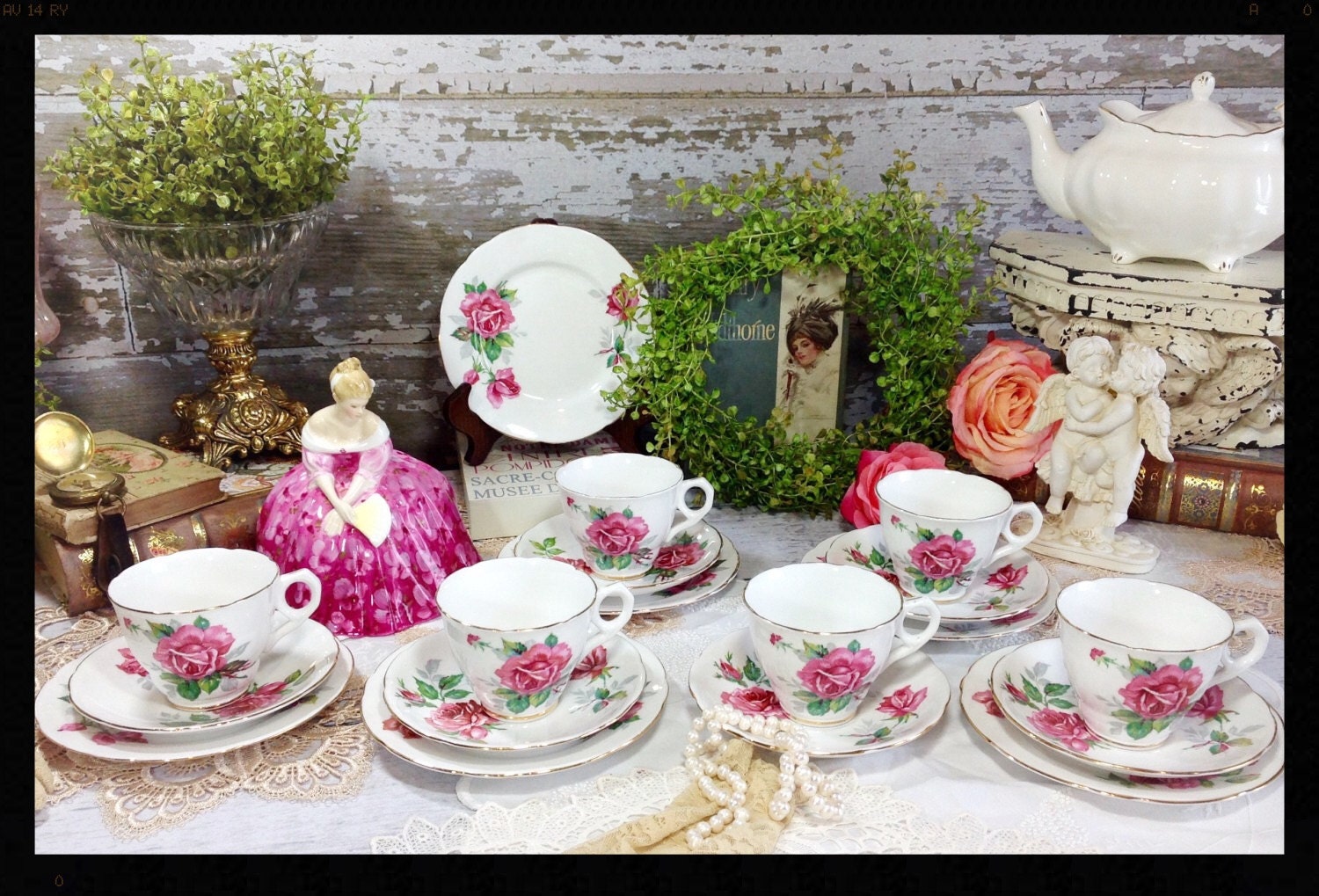 24 Piece Vintage Royal Stafford Bone China Pink Roses Trio Tea Set