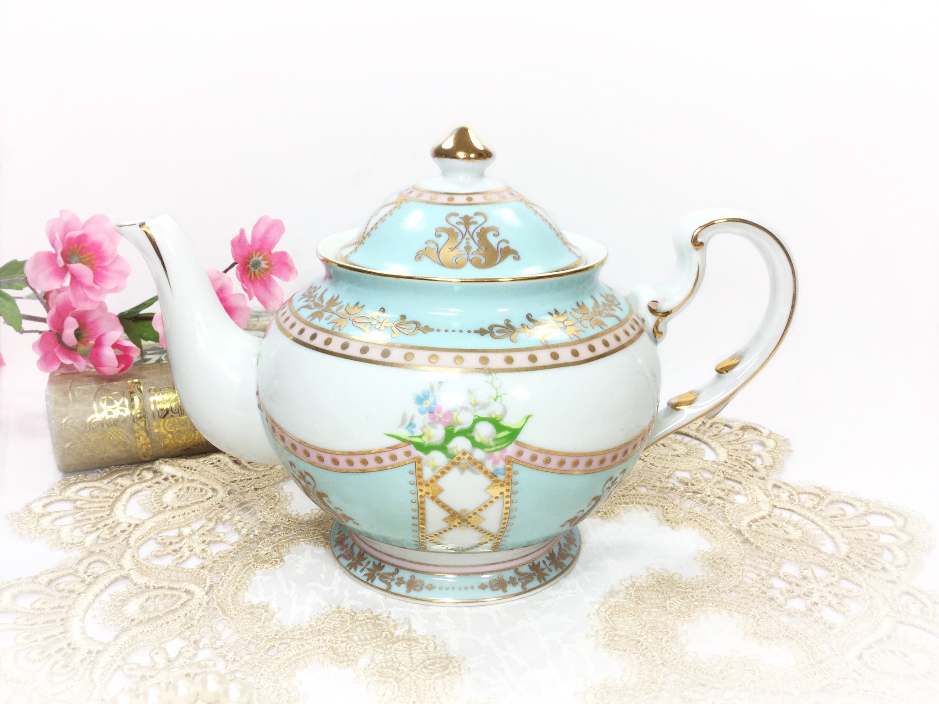Royal Danube Blue Floral Teapot, Blue Gilt Teapot For Tea Set