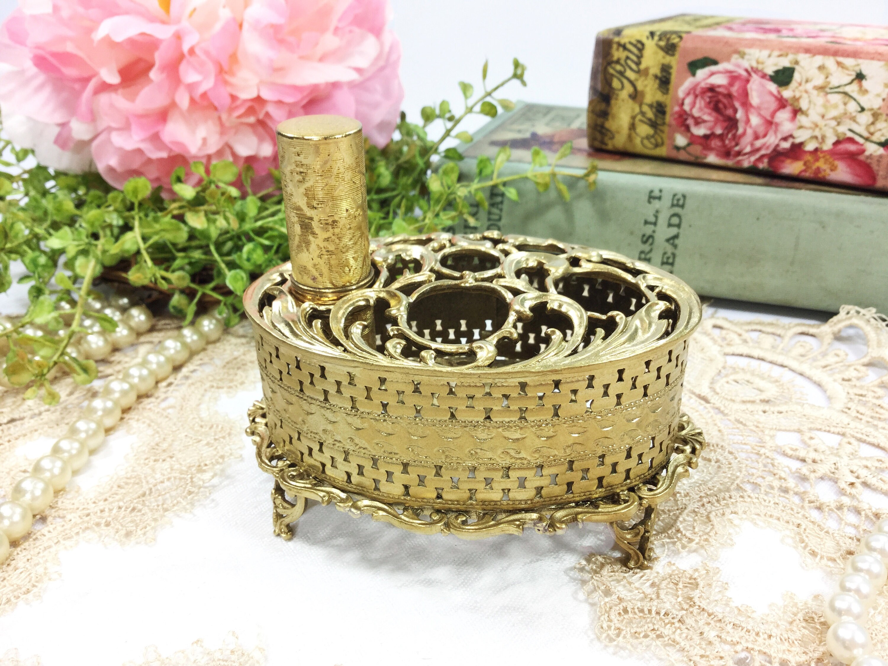 Gold Ormolu Lipstick Holder, Gold Ormolu Lipstick Organizer, Gold Brush