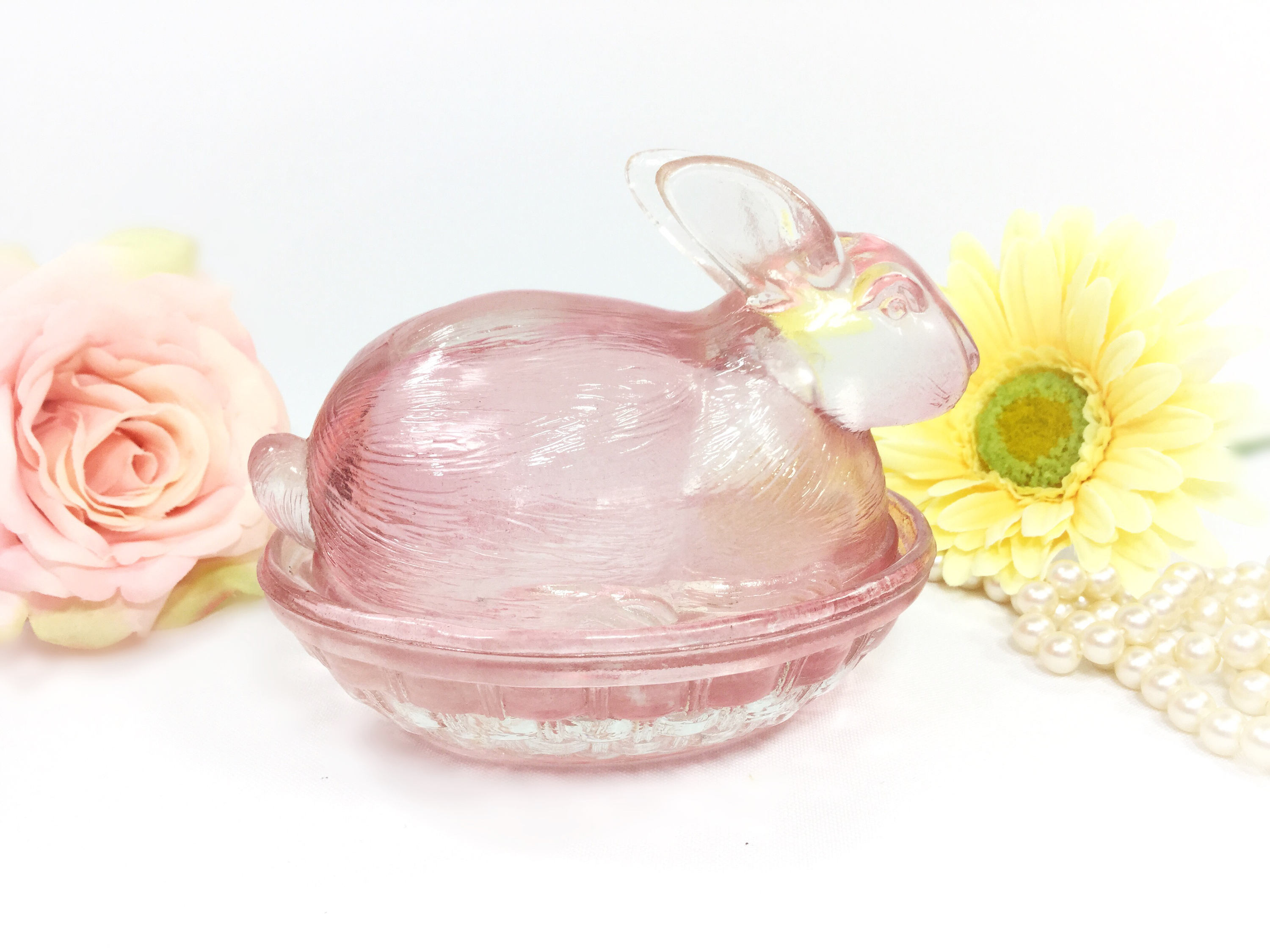 Pink Bunny Depression Glass Jar, Pink Glass Rabbit Jar, Powder Jar