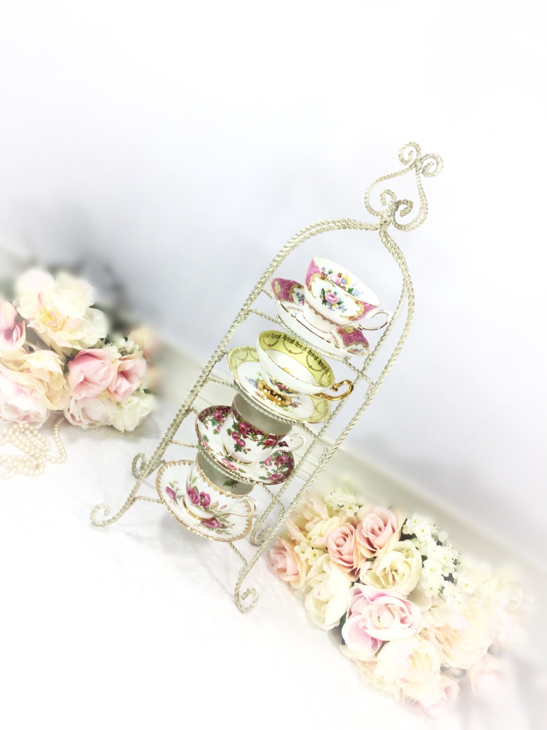 4 Tier Twisted Metal Shabby Chic Tea Cup and Saucer Display Stand