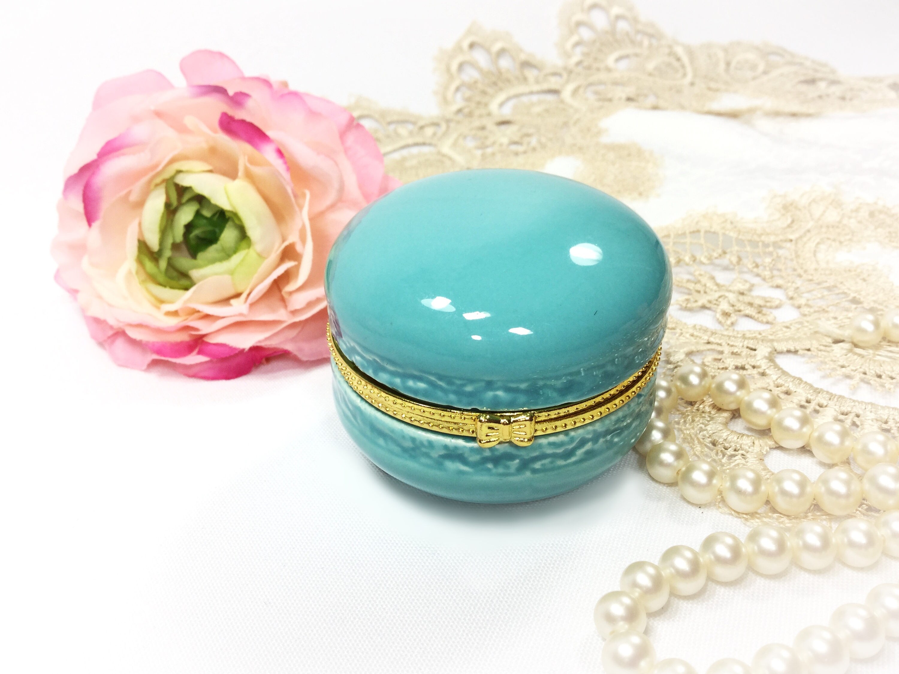 RESERVED SANDY. Blue & Gold Macaron Gift Box, Blue Macaron Jewelry Box