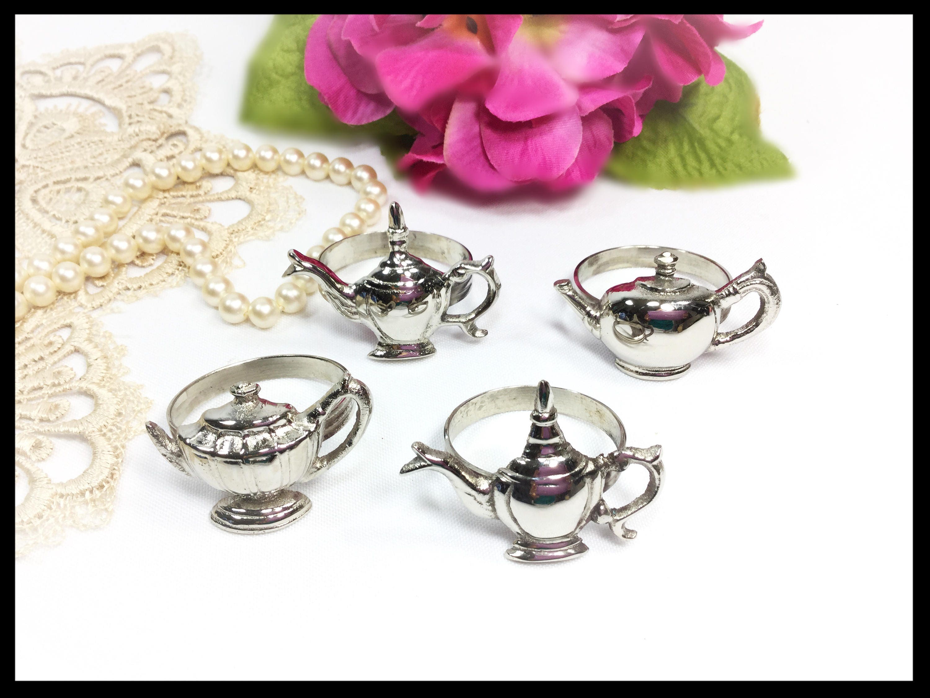 Silver Teapot Napkin Rings Set of 4, Tea Time Napkin Rings, Tea Party
