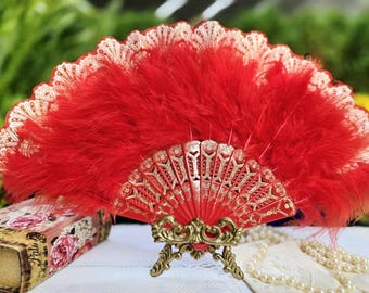 Red Gold Spanish Feather Folding Fan, Vintage Bridal Accessory