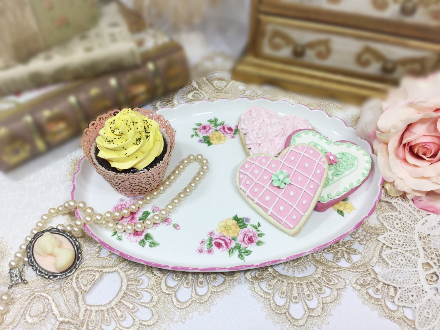 Antique Handpainted Rose Floral Ceramic Vanity Tray, Platter, Pink Rose