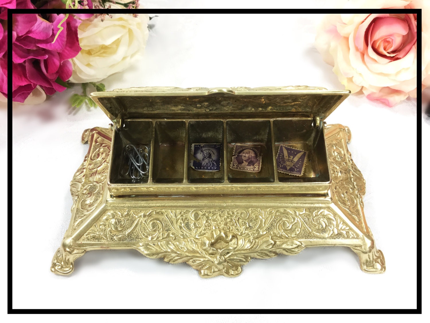 Ornate Brass Stamp Box, 5 Divided Sections Vintage Desk Accessory