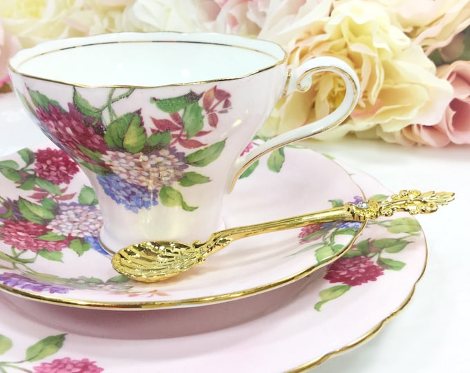 Pink Floral Aynsley Bone China Tea Trio, English Teacup Saucer Plate #A246