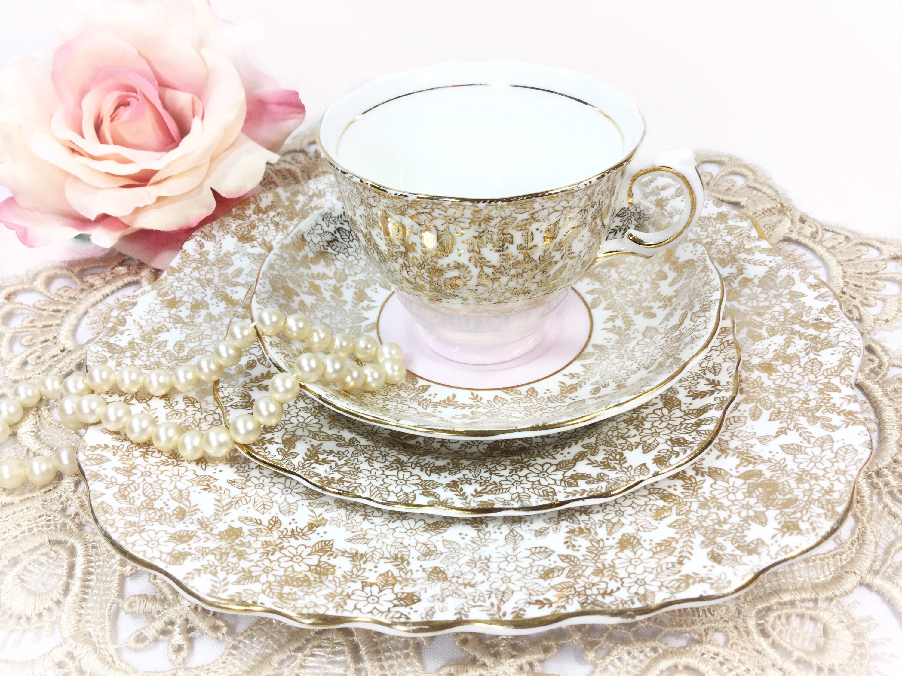 Colclough Pink Tea Set, Pink & Gold Tea Trio, English Bone China Tea