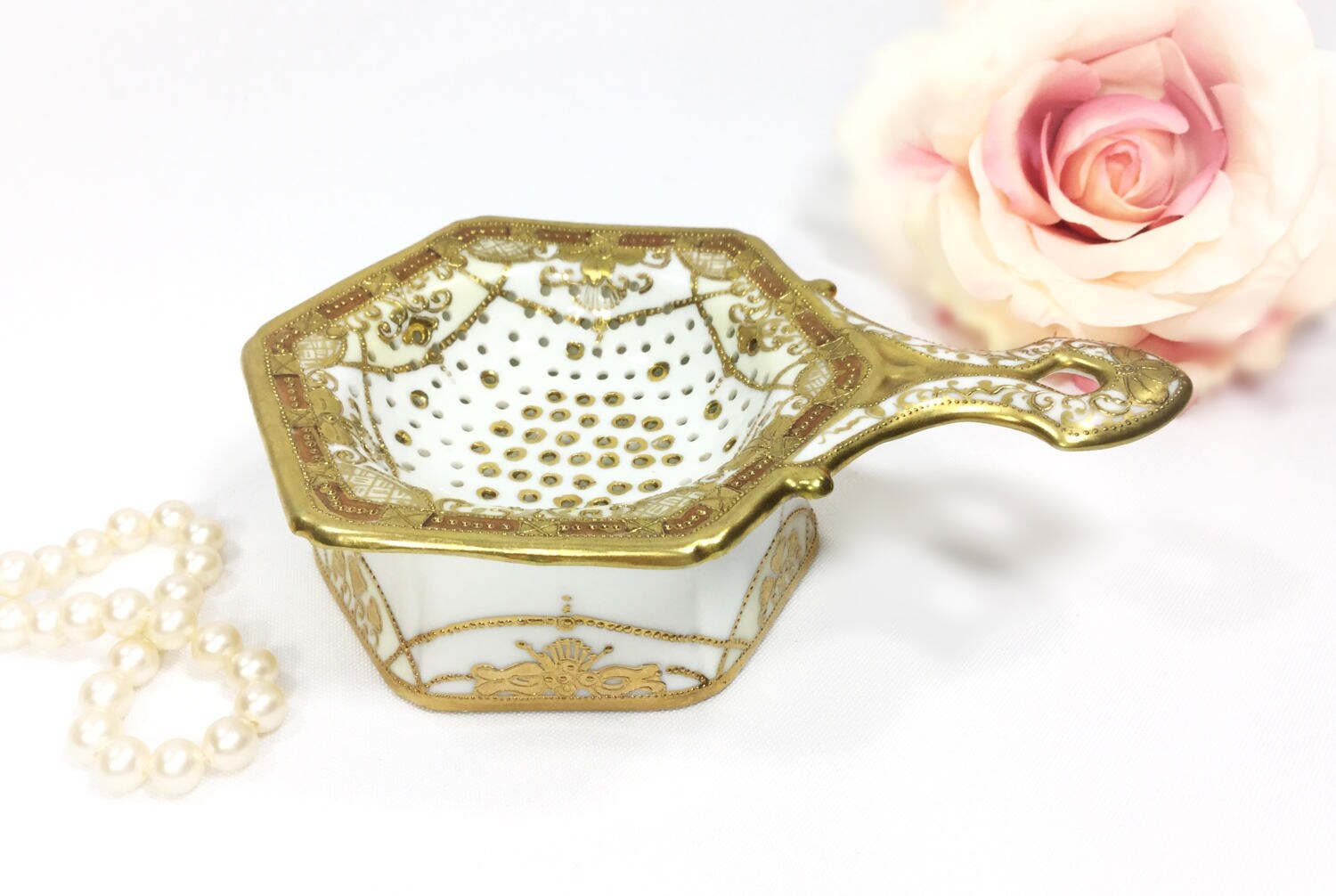 Lavish Handpainted Gold Nippon Tea Strainer, Noritake Japan for Tea