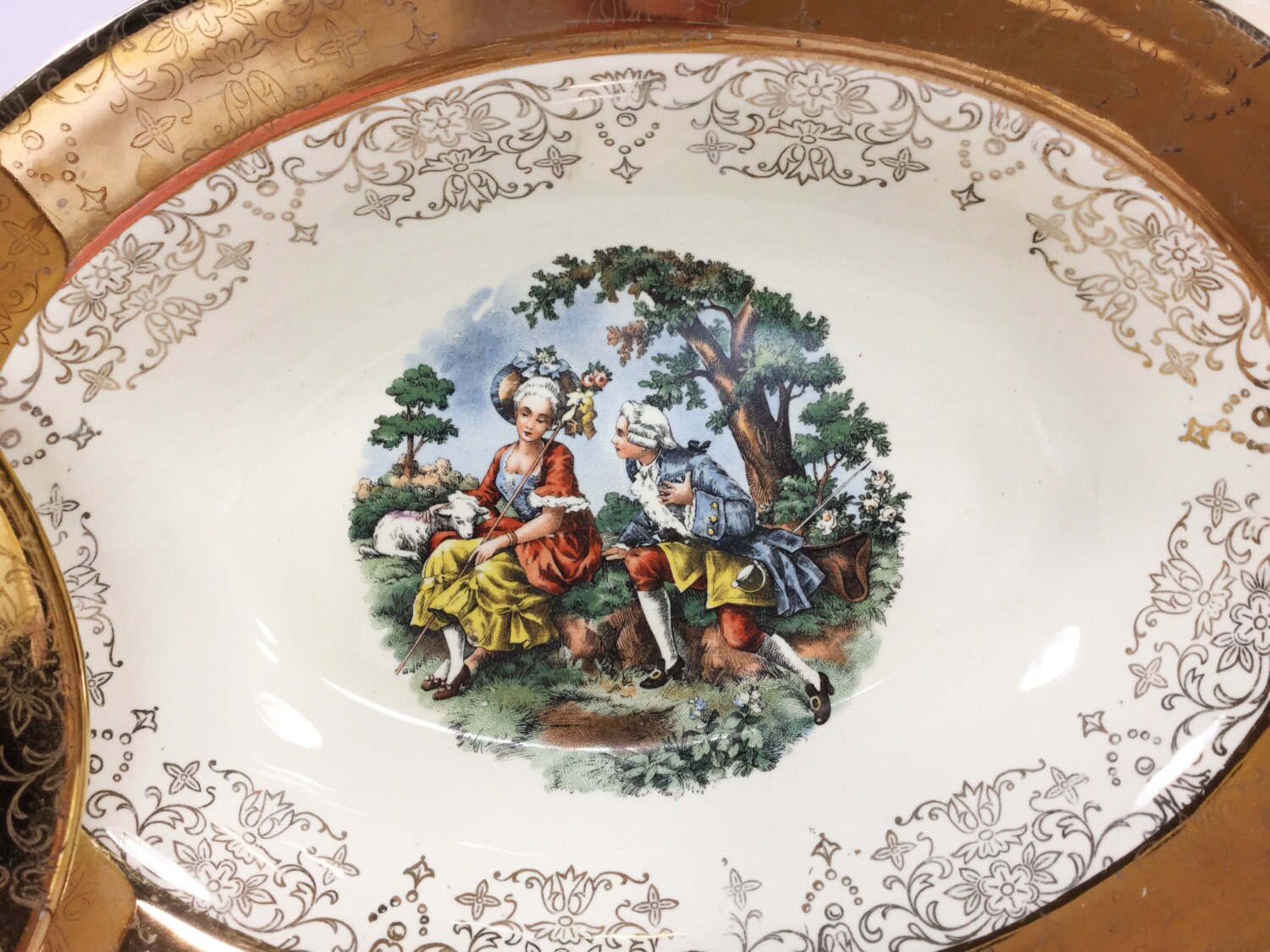 22 kt Gold Handpainted 2 Piece Colonial Couple Serving Bowls. Courting